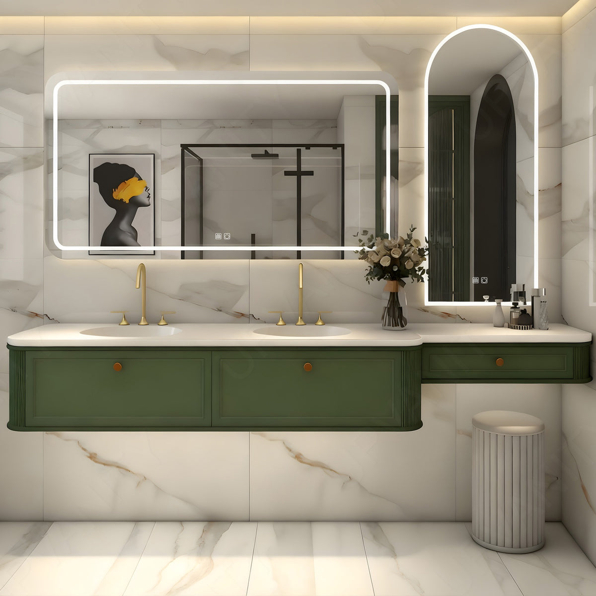 Elegant Bath Vanity Set, Makeup Table, Green, White Slate Top, 56"-78", Double, Floating, Gold Accents, Smart LED Mirror