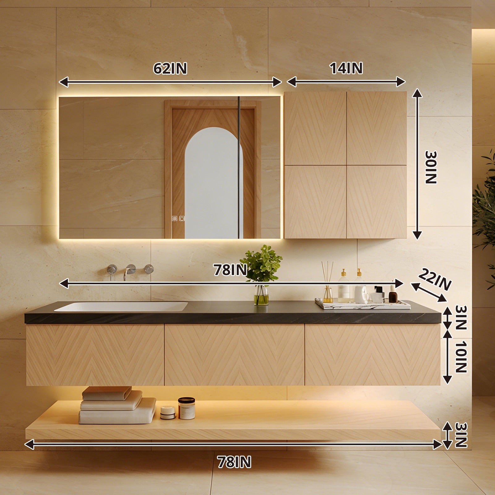 Elegant Bath Vanity Set, Natural, Black Slate Top, 56"-78", Single, Floating, Open Storage, Smart LED Mirror, Side Cabinet