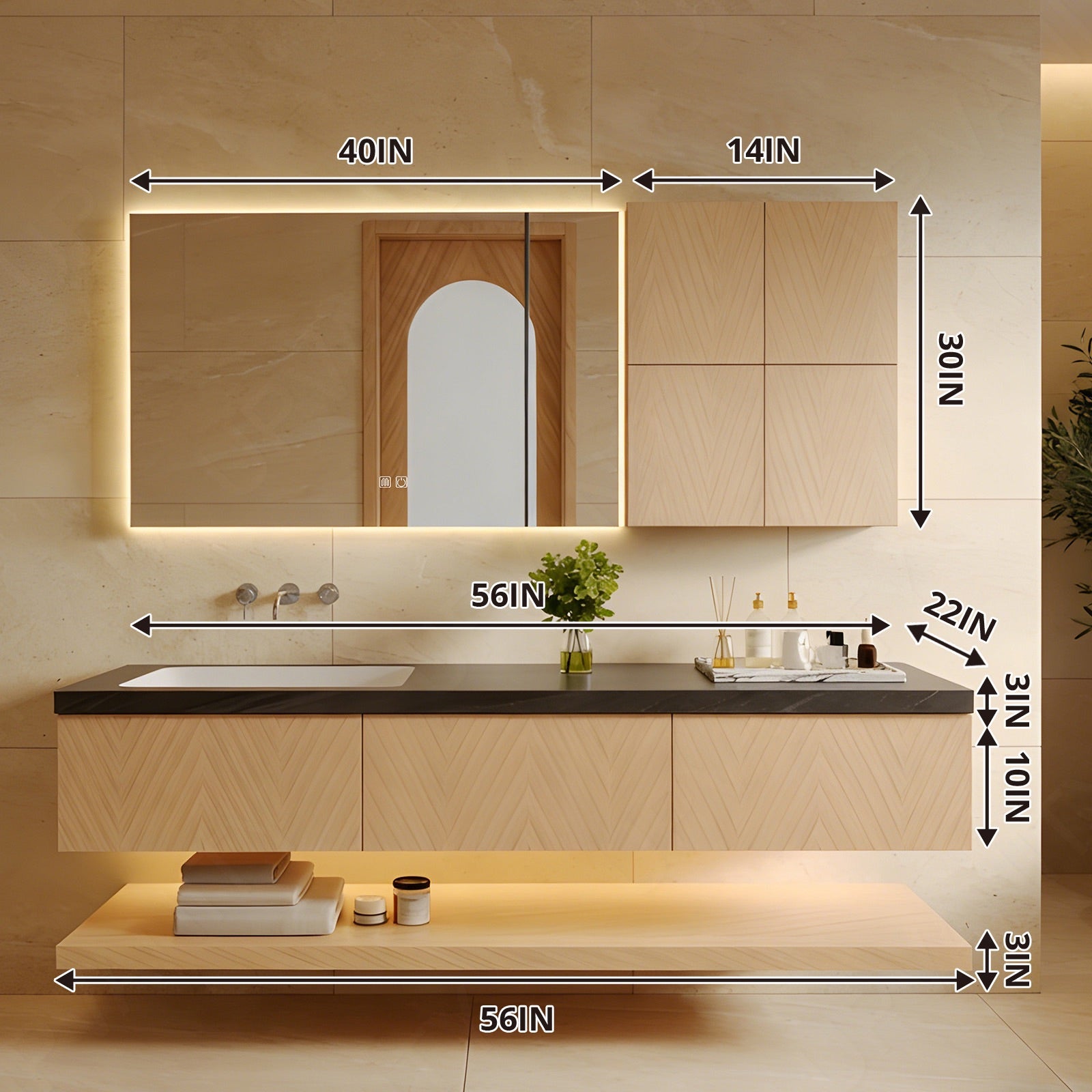 Elegant Bath Vanity Set, Natural, Black Slate Top, 56"-78", Single, Floating, Open Storage, Smart LED Mirror, Side Cabinet
