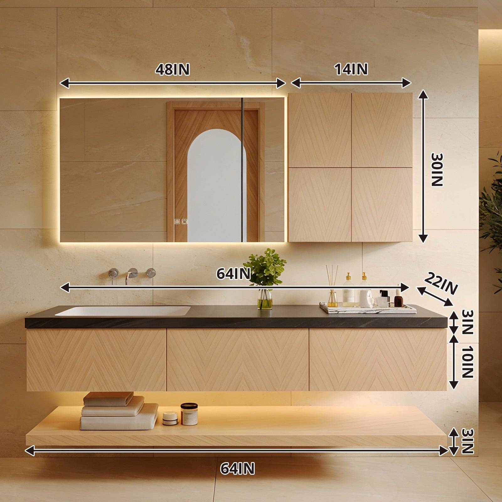 Elegant Bath Vanity Set, Natural, Black Slate Top, 56"-78", Single, Floating, Open Storage, Smart LED Mirror, Side Cabinet