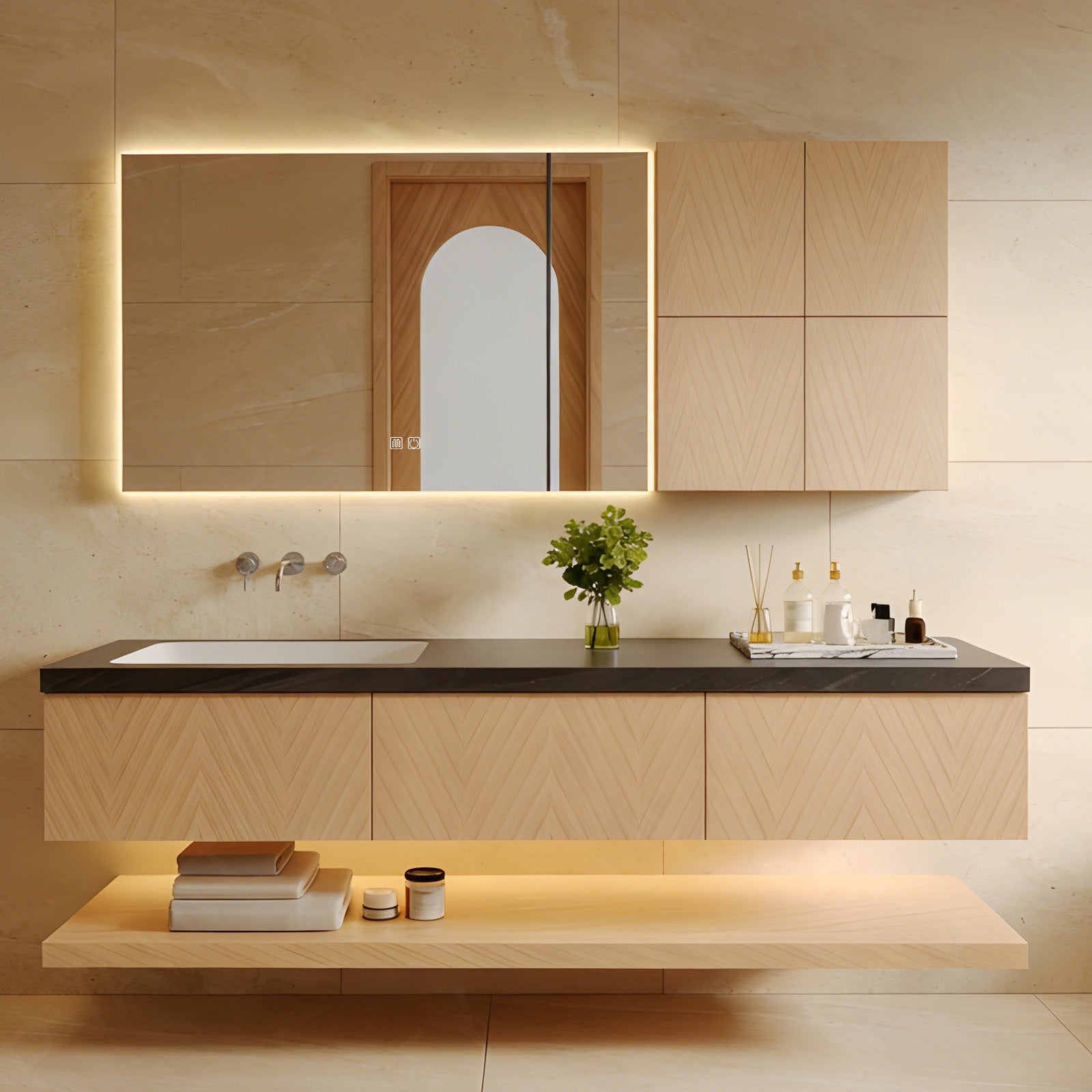 Elegant Bath Vanity Set, Natural, Black Slate Top, 56"-78", Single, Floating, Open Storage, Smart LED Mirror, Side Cabinet
