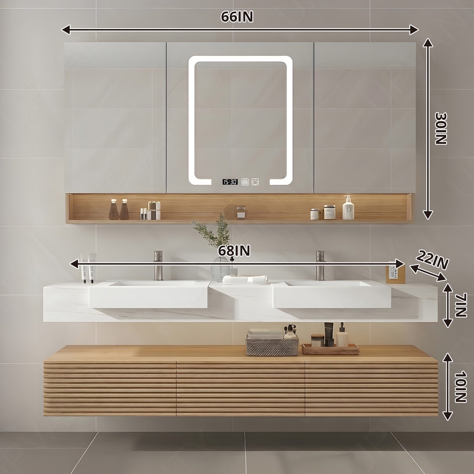 Elegant Bath Vanity Set, Natural, Split White Top, 32"-68", Single/Double, Floating, Open Storage, Smart LED Mirror, Rear Cabinet
