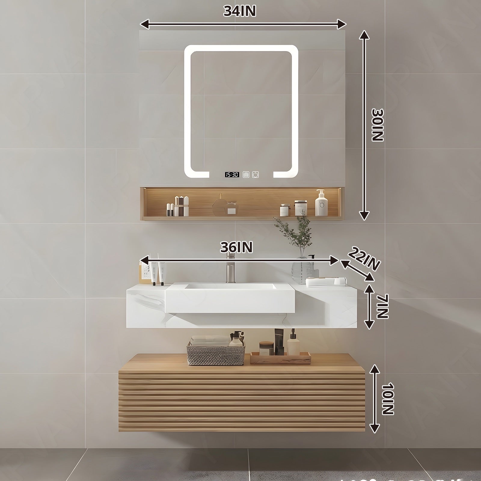Elegant Bath Vanity Set, Natural, Split White Top, 32"-68", Single/Double, Floating, Open Storage, Smart LED Mirror, Rear Cabinet