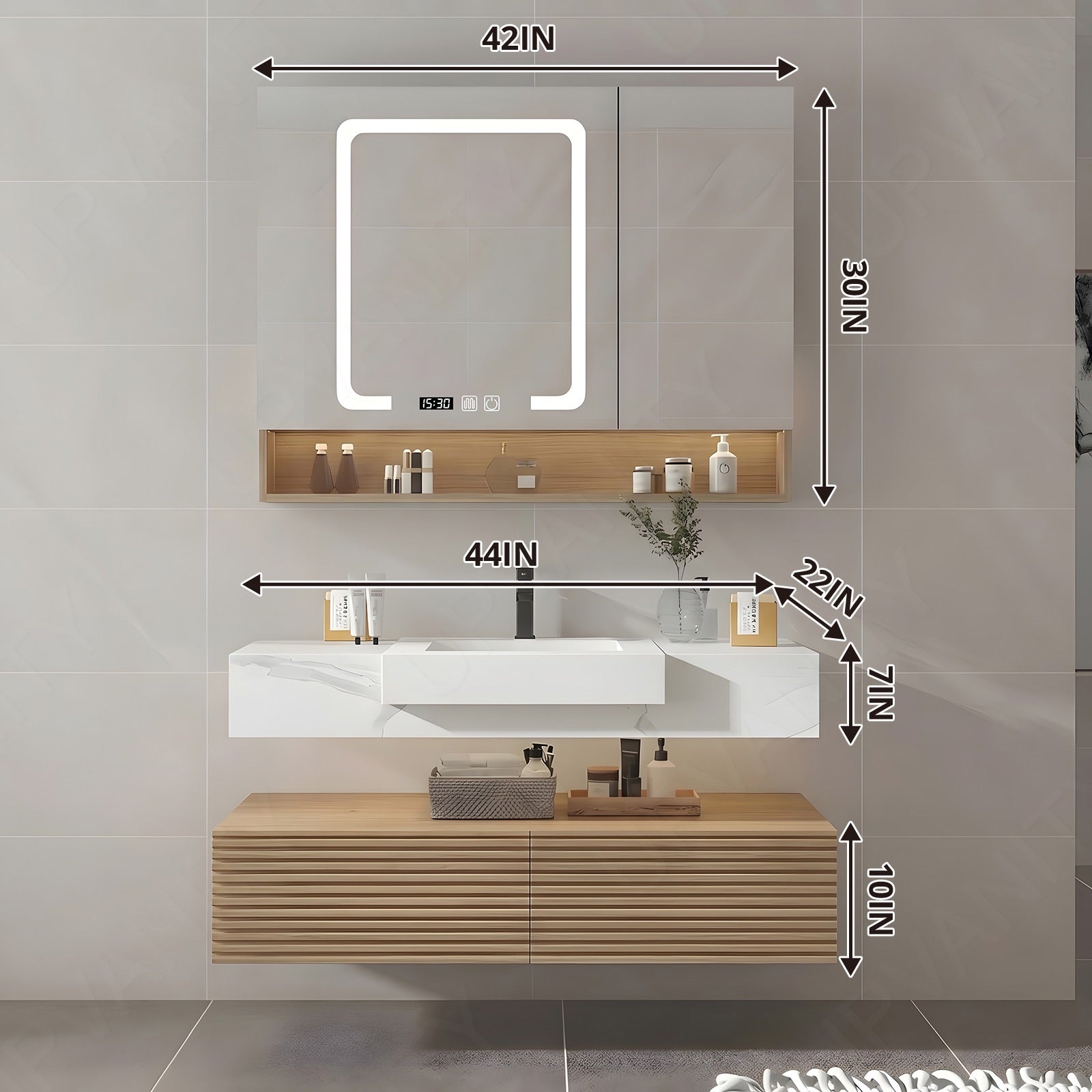 Elegant Bath Vanity Set, Natural, Split White Top, 32"-68", Single/Double, Floating, Open Storage, Smart LED Mirror, Rear Cabinet