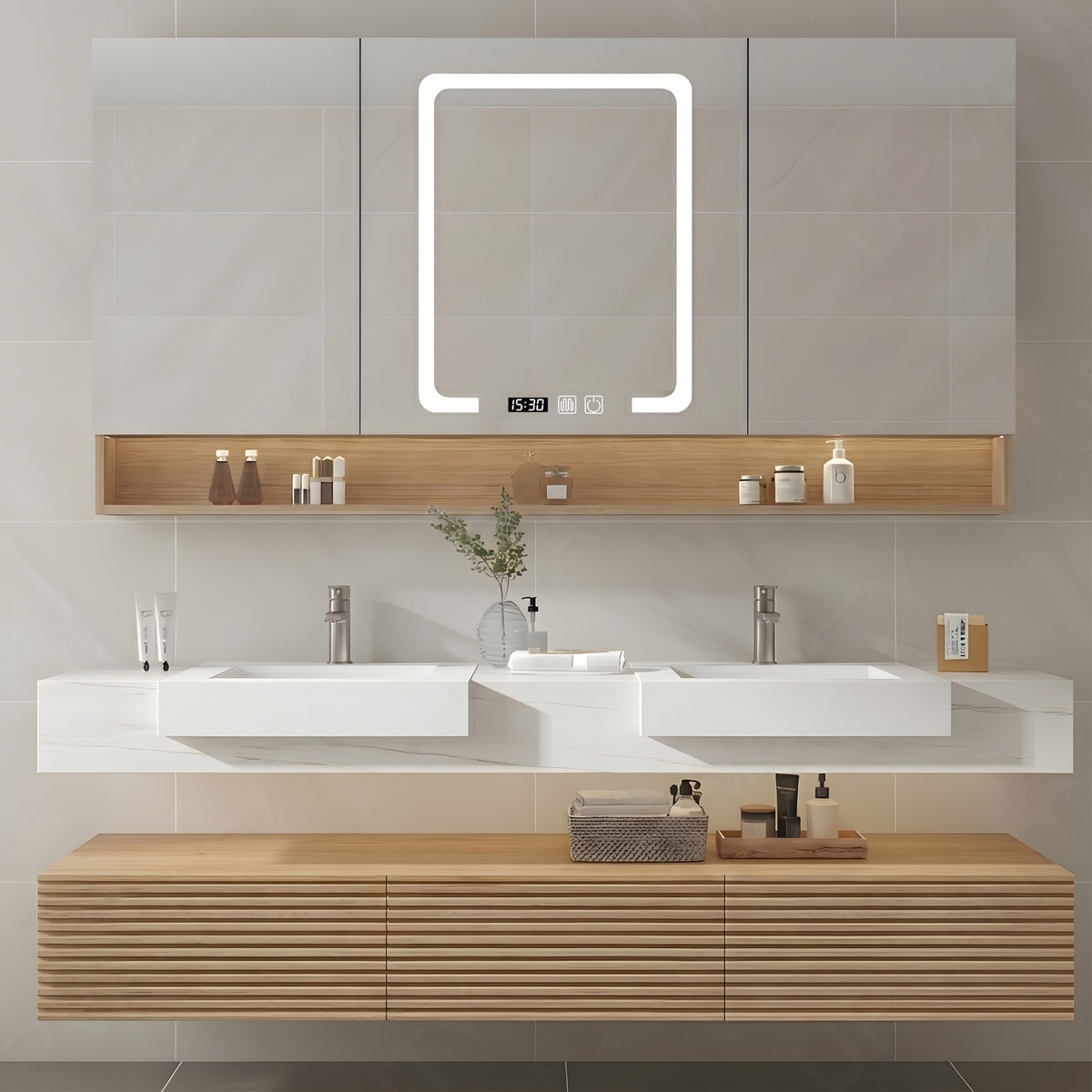 Elegant Bath Vanity Set, Natural, Split White Top, 32"-68", Single/Double, Floating, Open Storage, Smart LED Mirror, Rear Cabinet