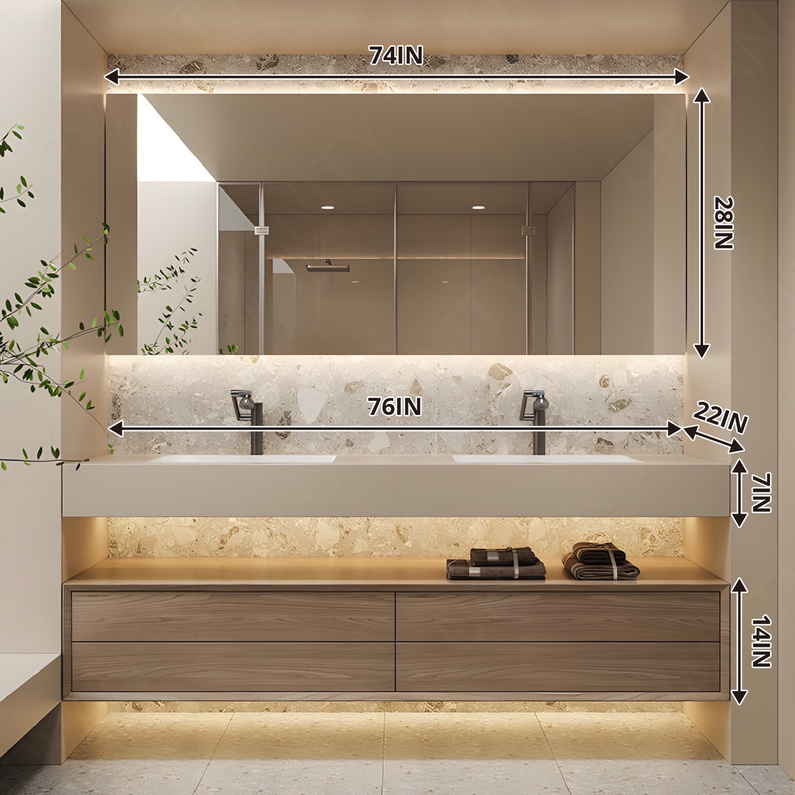 Elegant Bath Vanity Set, Natural, Split White Top, 52"- 78", Double, Floating, Smart LED Mirror, Rear Cabinet