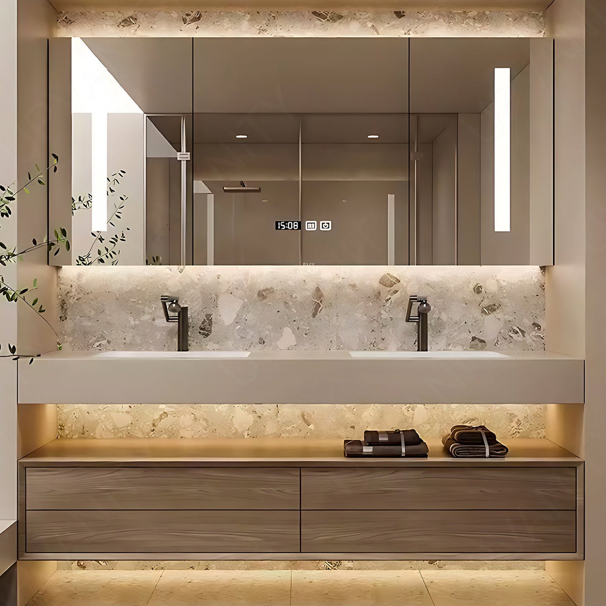 Elegant Bath Vanity Set, Natural, Split White Top, 52"- 78", Double, Floating, Smart LED Mirror, Rear Cabinet