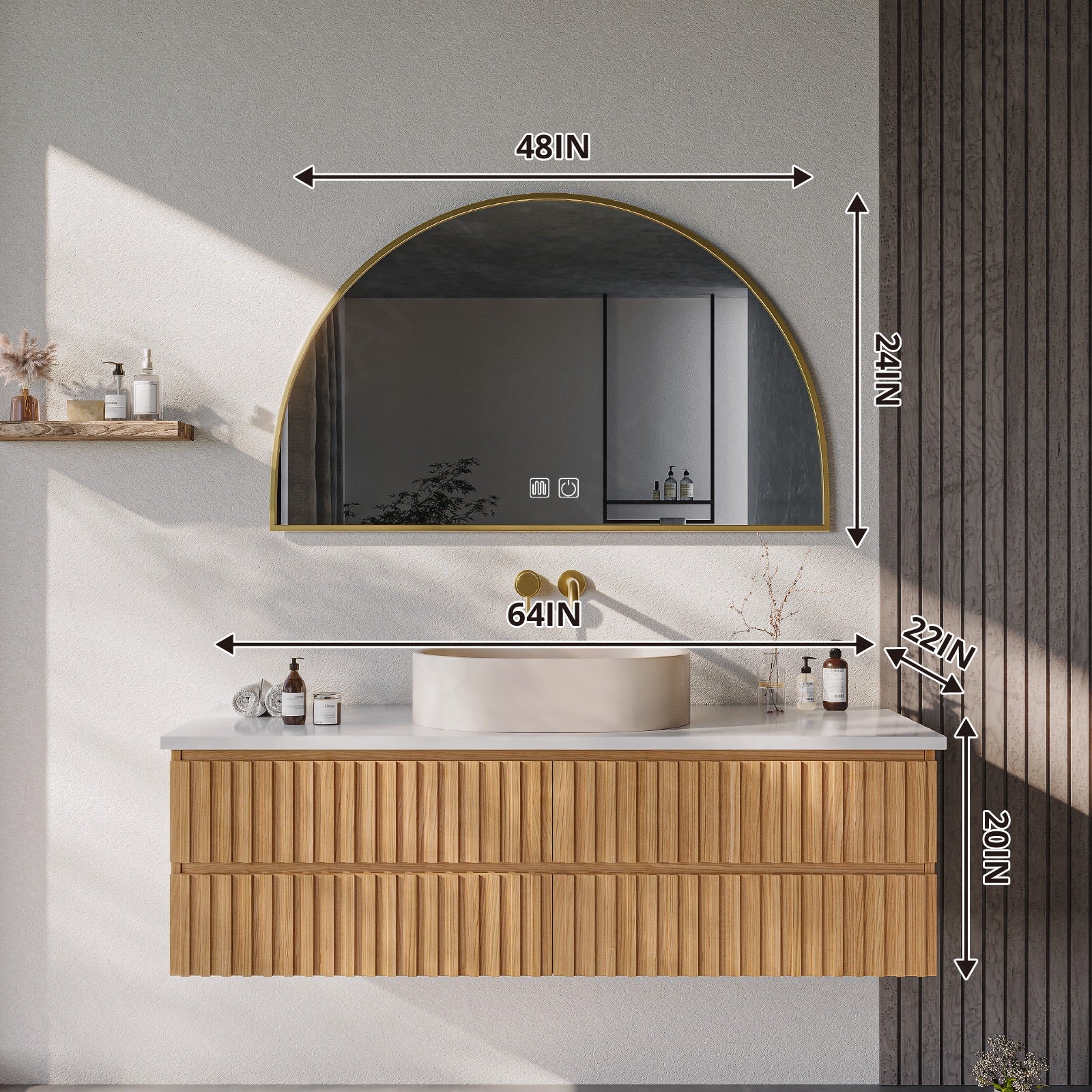 Elegant Bath Vanity Set, Natural, Striped Panel, 40"-64", Singe Vessel Sink, Floating, Gold Accents, Smart LED Mirror