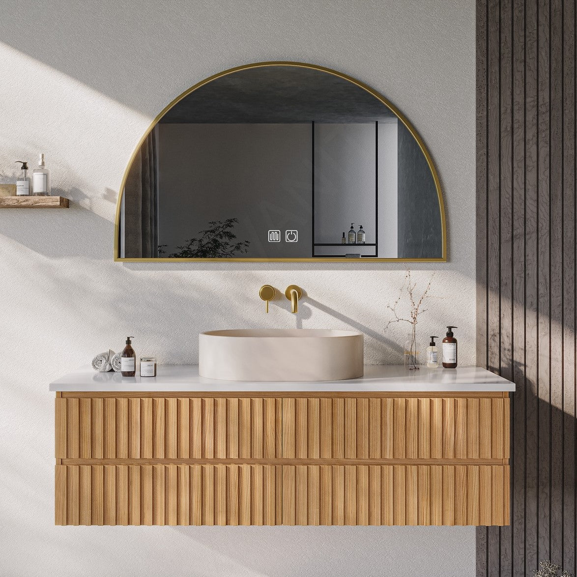 Elegant Bath Vanity Set, Natural, Striped Panel, 40"-64", Singe Vessel Sink, Floating, Gold Accents, Smart LED Mirror