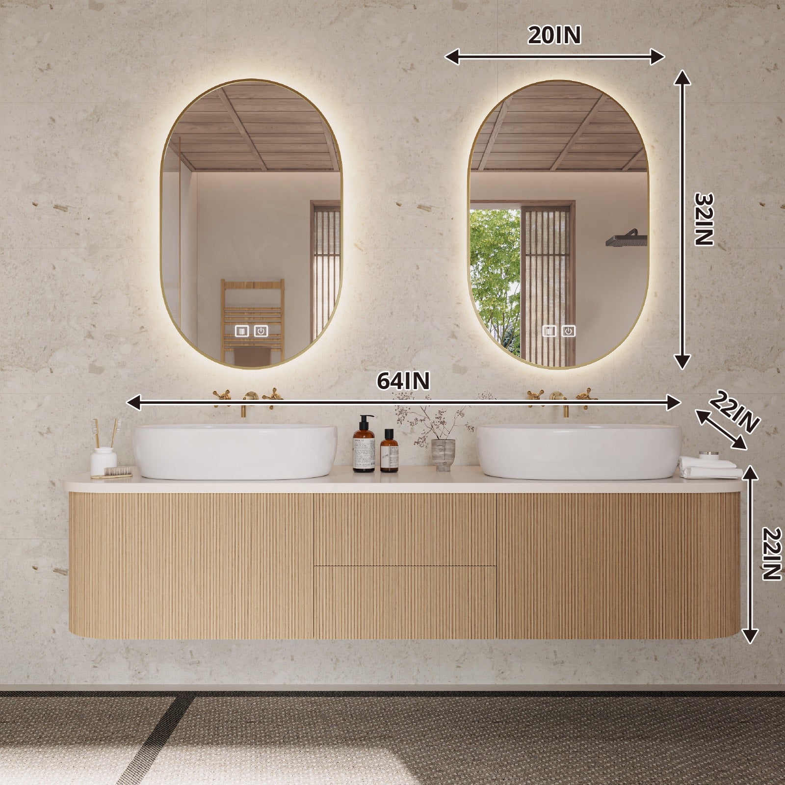 Elegant Bath Vanity Set, Natural, Striped Panel, 56"-64", Double Vessel Sink, Floating, Dual Oval Smart LED Mirror