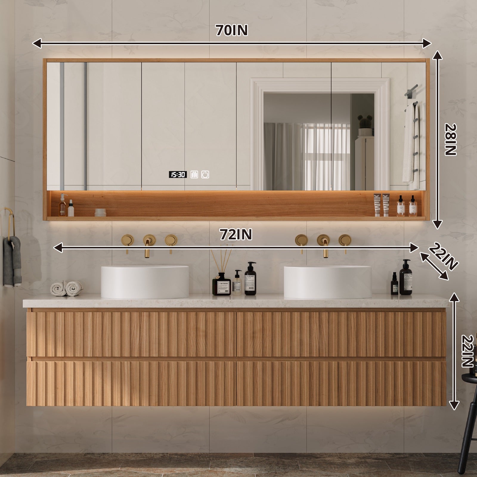 Elegant Bath Vanity Set, Natural, Striped Panel, 56"-78", Double Vessel Sink, Floating, Smart LED Mirror, Rear Cabinet