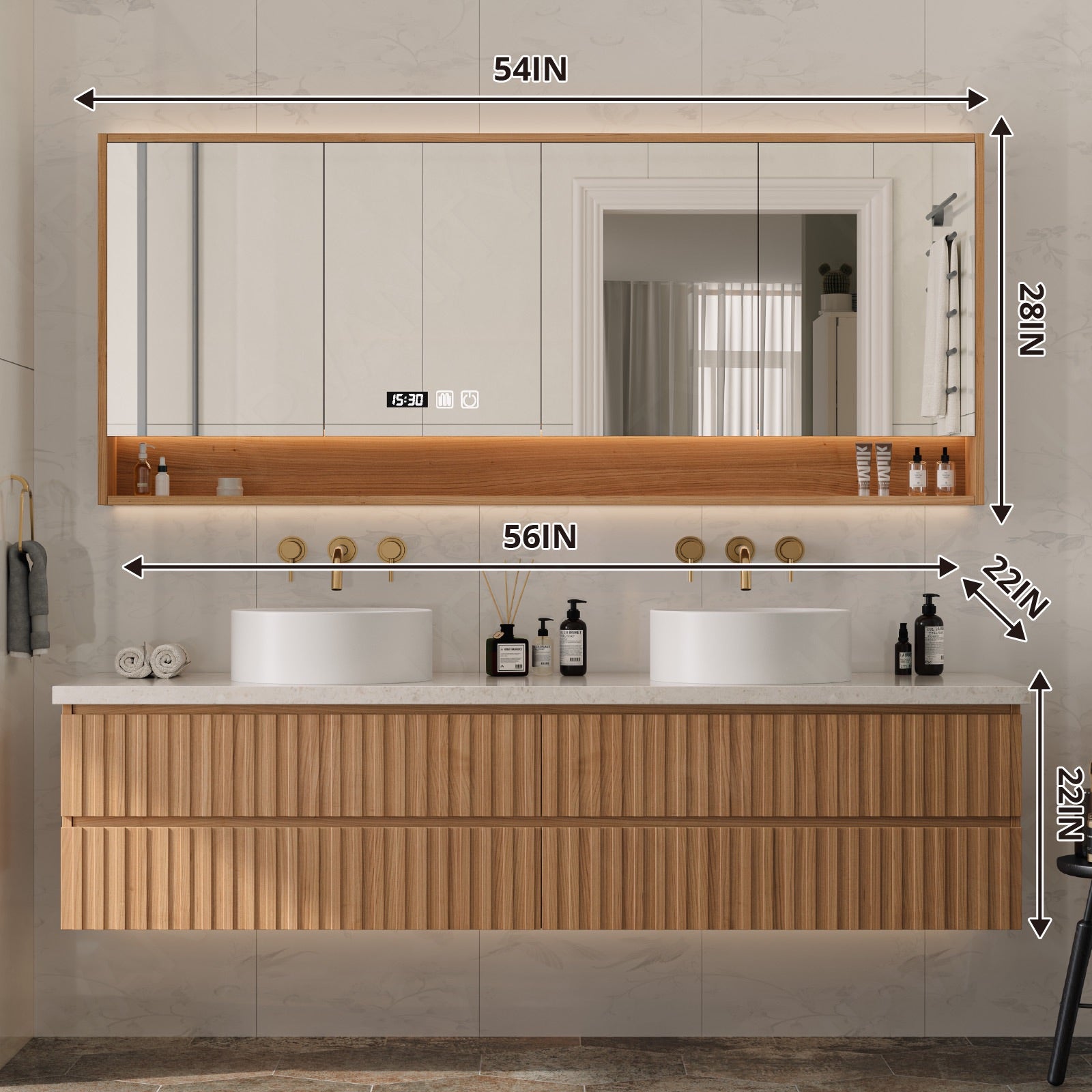 Elegant Bath Vanity Set, Natural, Striped Panel, 56"-78", Double Vessel Sink, Floating, Smart LED Mirror, Rear Cabinet