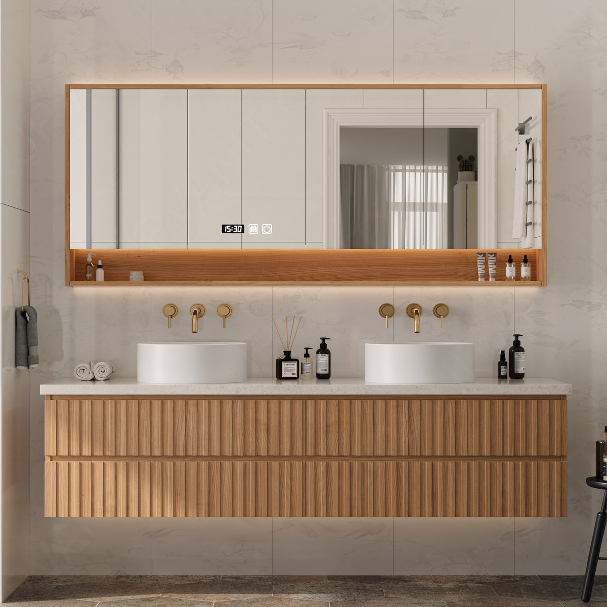 Elegant Bath Vanity Set, Natural, Striped Panel, 56"-78", Double Vessel Sink, Floating, Smart LED Mirror, Rear Cabinet