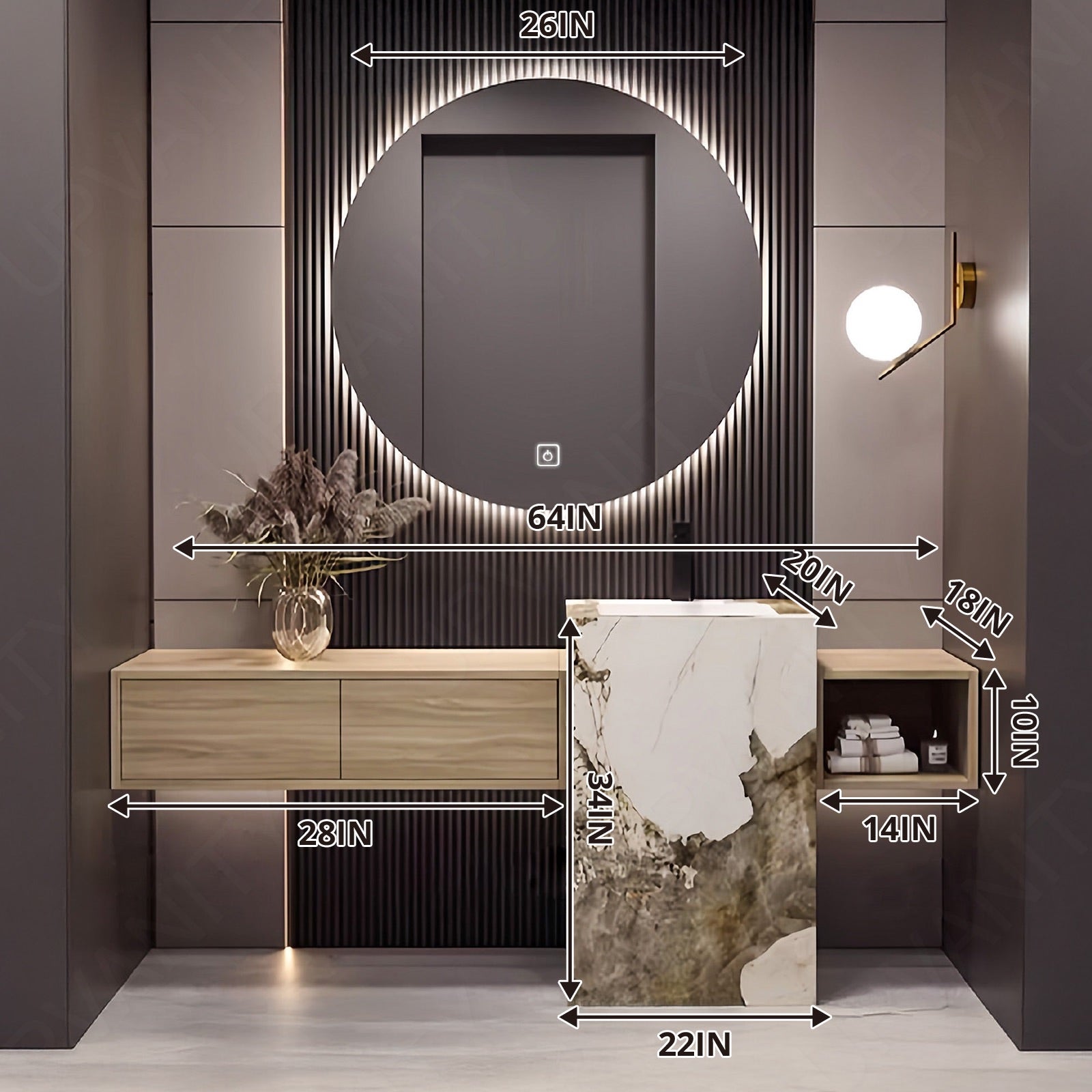 Elegant Bath Vanity Set, Natural, Textured Column, 64"- 76", Single, Freestanding, Round Smart LED Mirror
