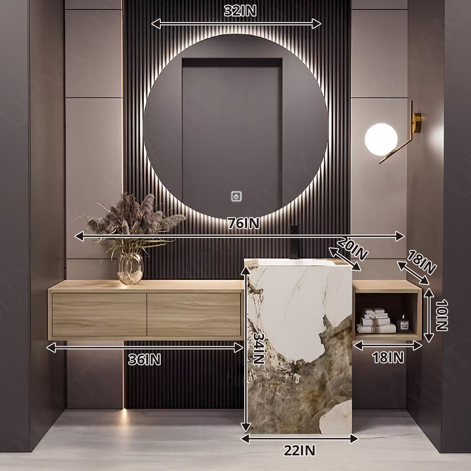 Elegant Bath Vanity Set, Natural, Textured Column, 64"- 76", Single, Freestanding, Round Smart LED Mirror