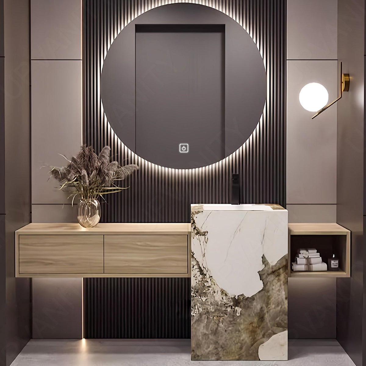 Elegant Bath Vanity Set, Natural, Textured Column, 64"- 76", Single, Freestanding, Round Smart LED Mirror