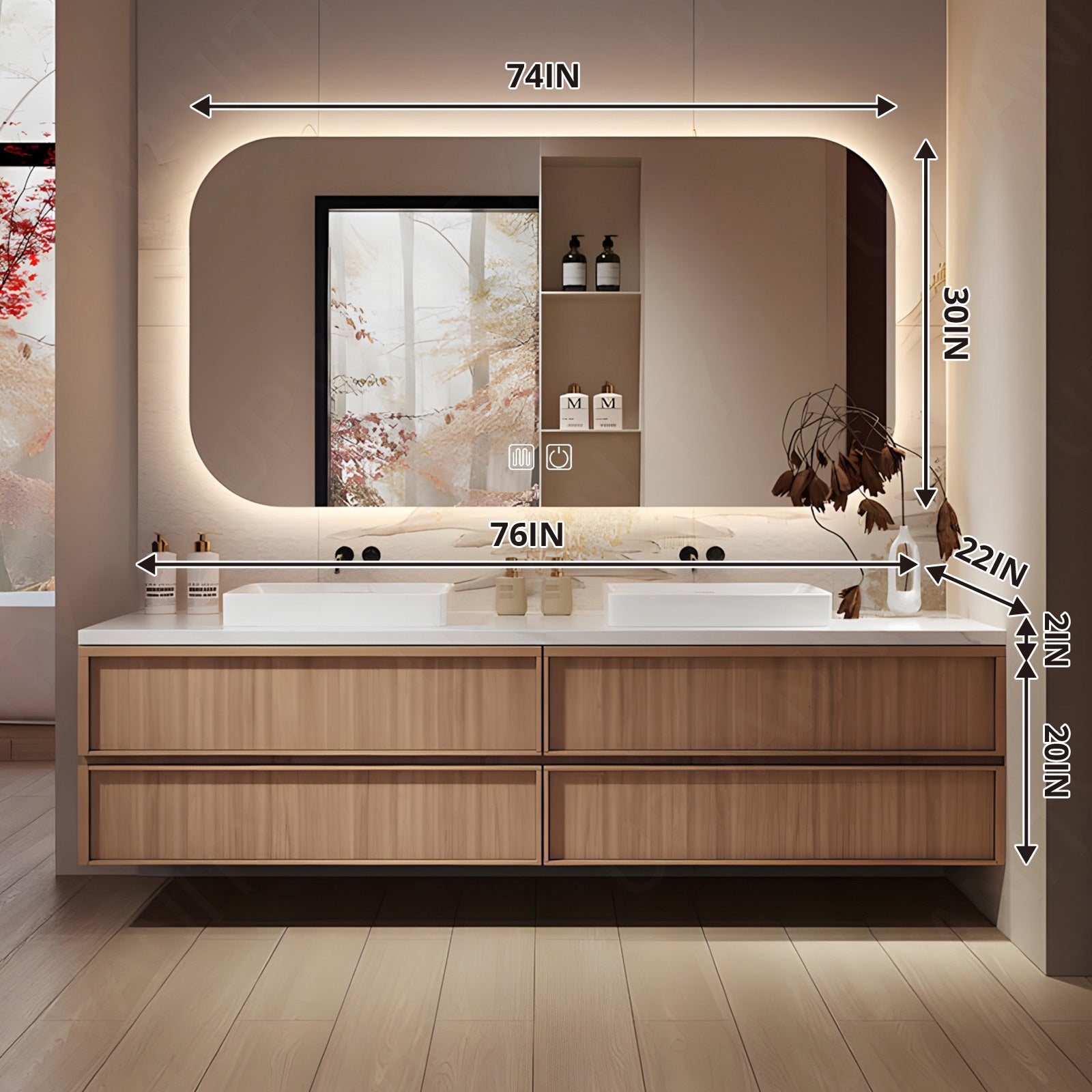 Elegant Bath Vanity Set, Natural Walnut, 56"- 78", Double, Floating, Vessel Sink, Smart LED Mirror