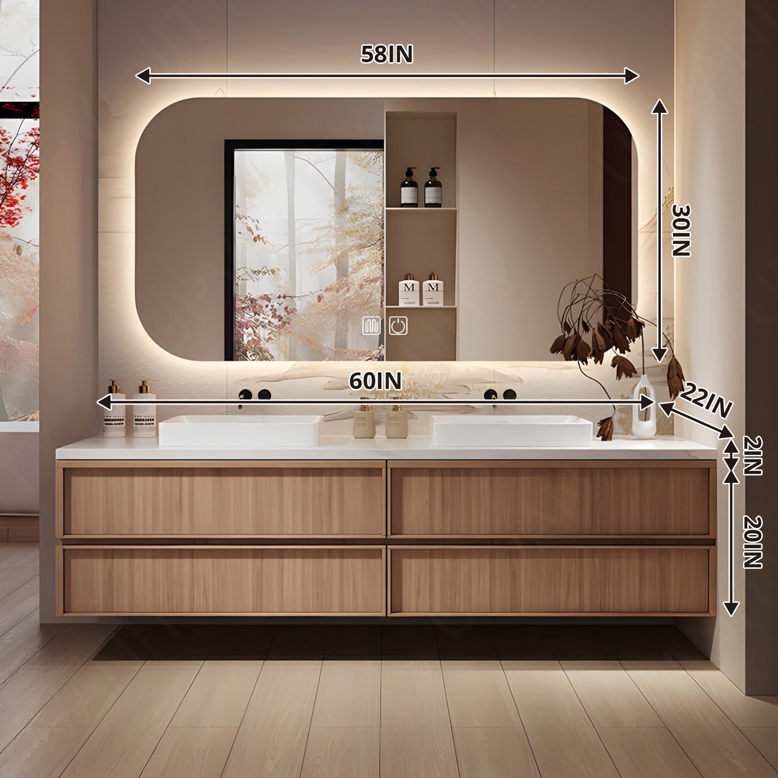 Elegant Bath Vanity Set, Natural Walnut, 56"- 78", Double, Floating, Vessel Sink, Smart LED Mirror