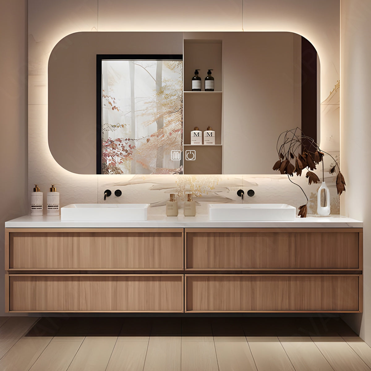Elegant Bath Vanity Set, Natural Walnut, 56"- 78", Double, Floating, Vessel Sink, Smart LED Mirror