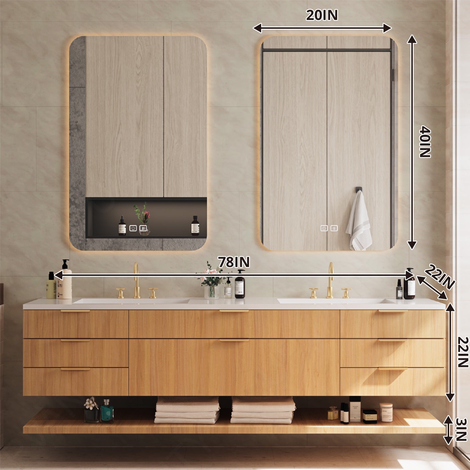 Elegant Bath Vanity Set, Natural, White Slate Top, 52"-78", Double, Floating, Gold Accents, Dual Smart LED Mirror