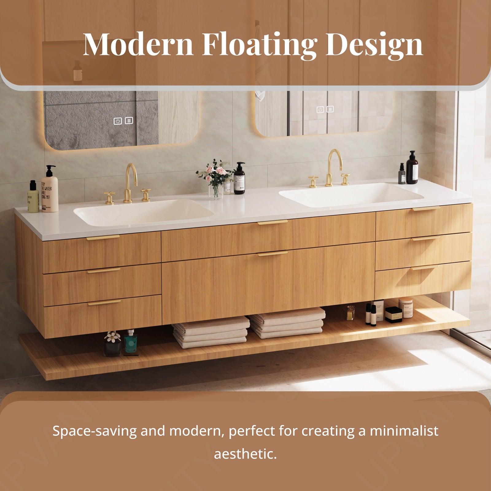 Split Vanity Modern Bath Vanity Set, Black, Split White Top, 56