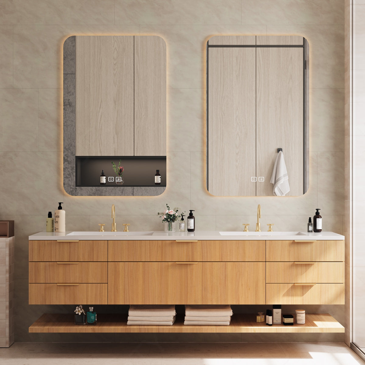 Elegant Bath Vanity Set, Natural, White Slate Top, 52"-78", Double, Floating, Gold Accents, Dual Smart LED Mirror