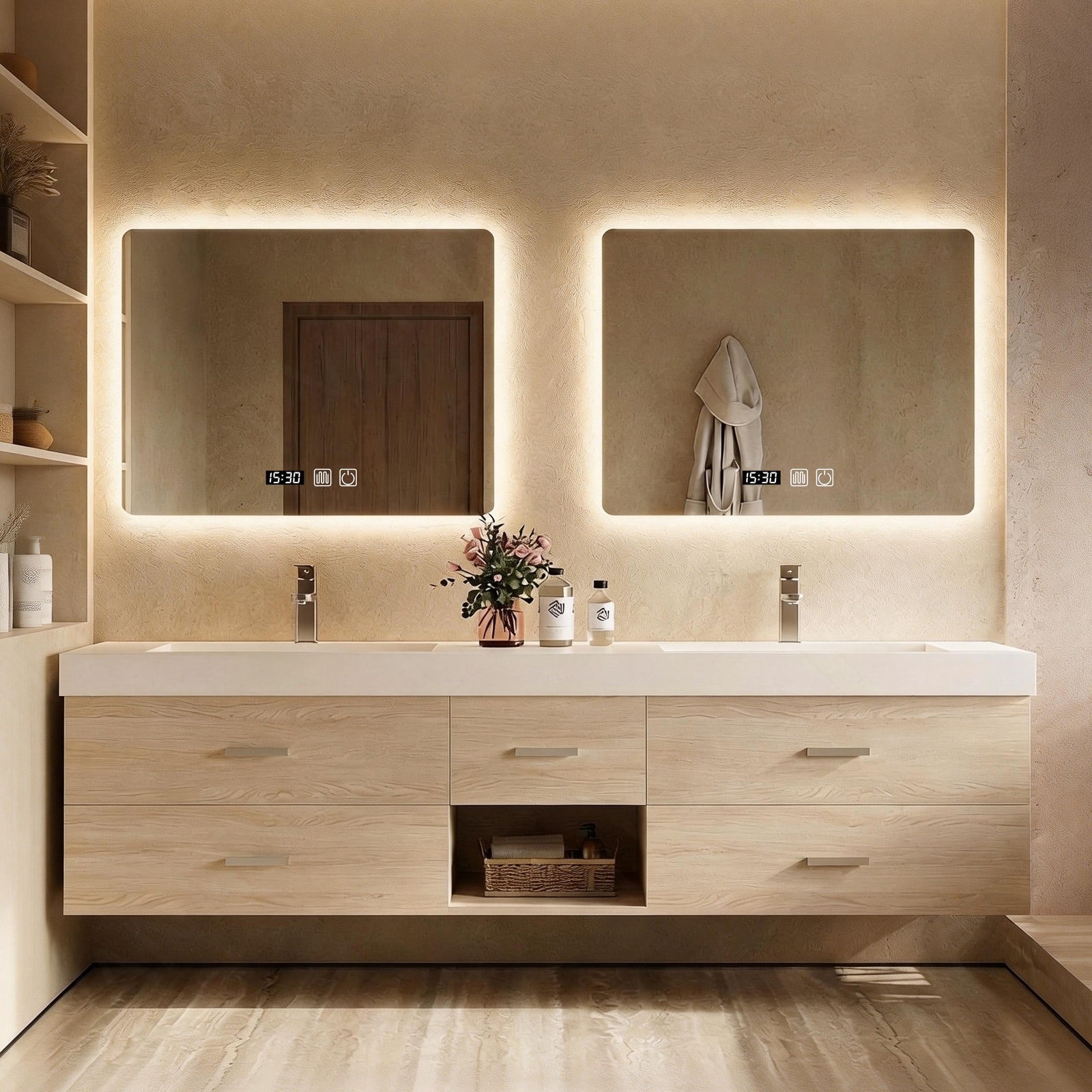 Elegant Bath Vanity Set, Natural, White Slate Top, 56"- 78", Double, Floating, Dual Smart LED Mirror