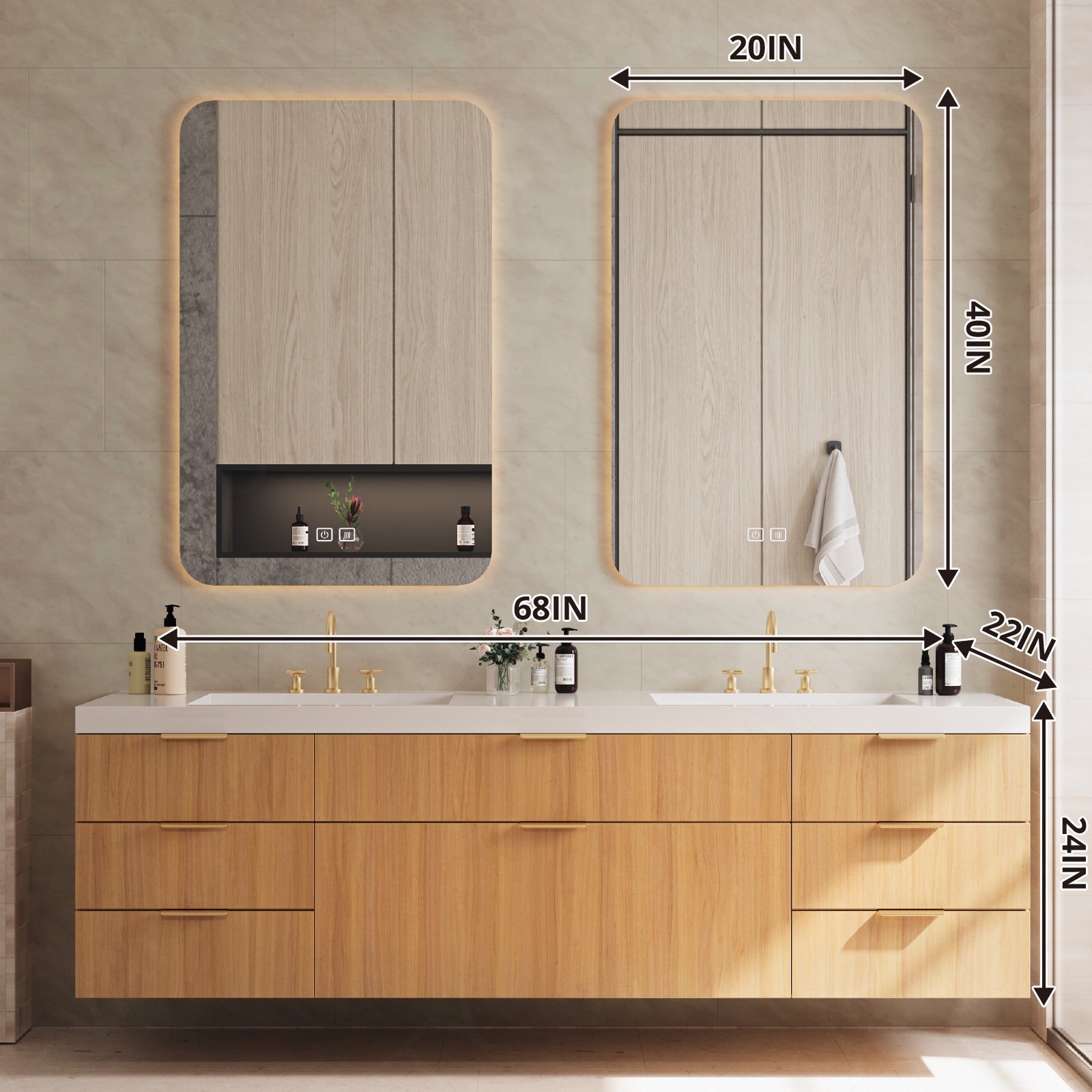 Elegant Bath Vanity Set, Natural, White Slate Top, 56"-78", Double, Floating, Open Storage, Dual Smart LED Mirror