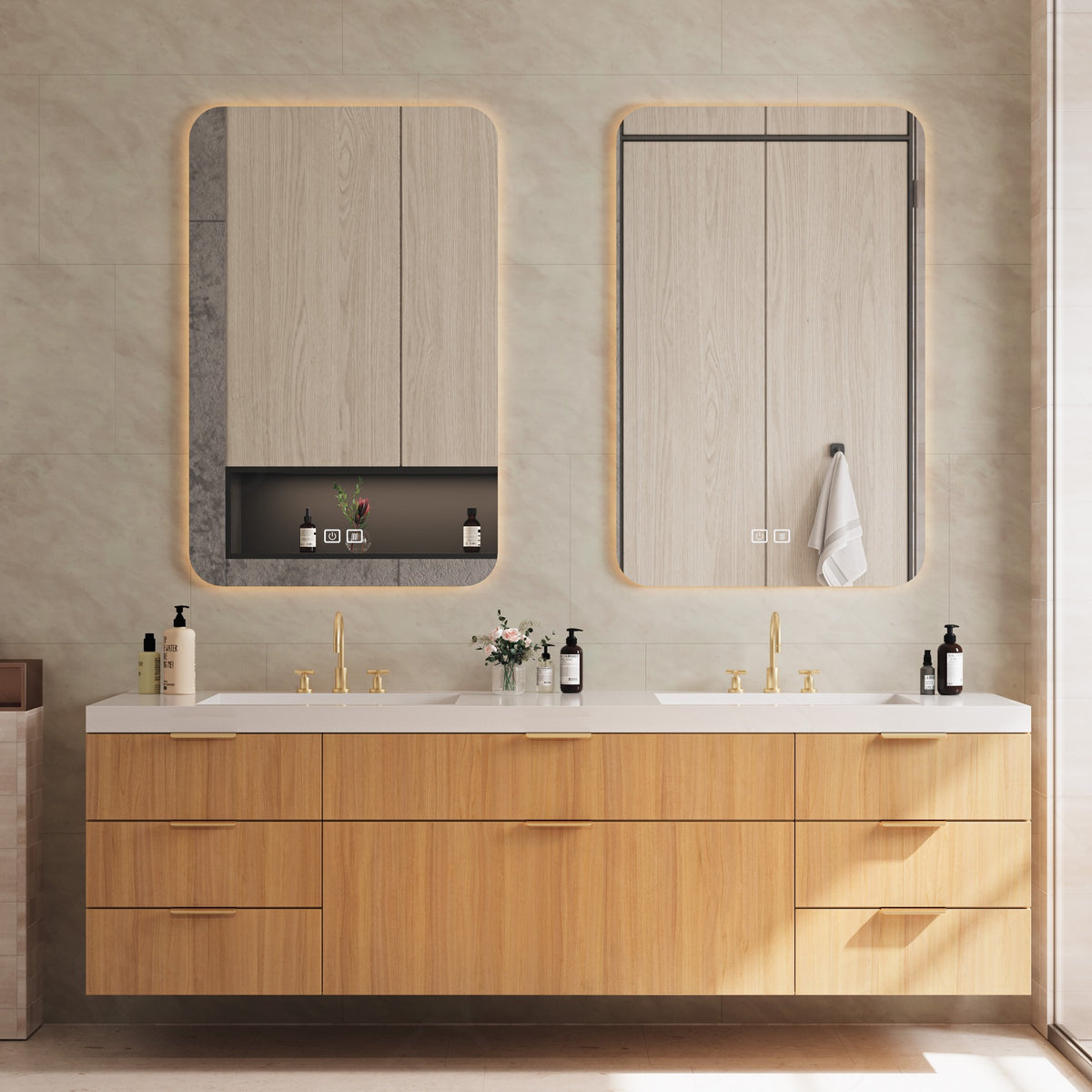 Elegant Bath Vanity Set, Natural, White Slate Top, 56"-78", Double, Floating, Open Storage, Dual Smart LED Mirror
