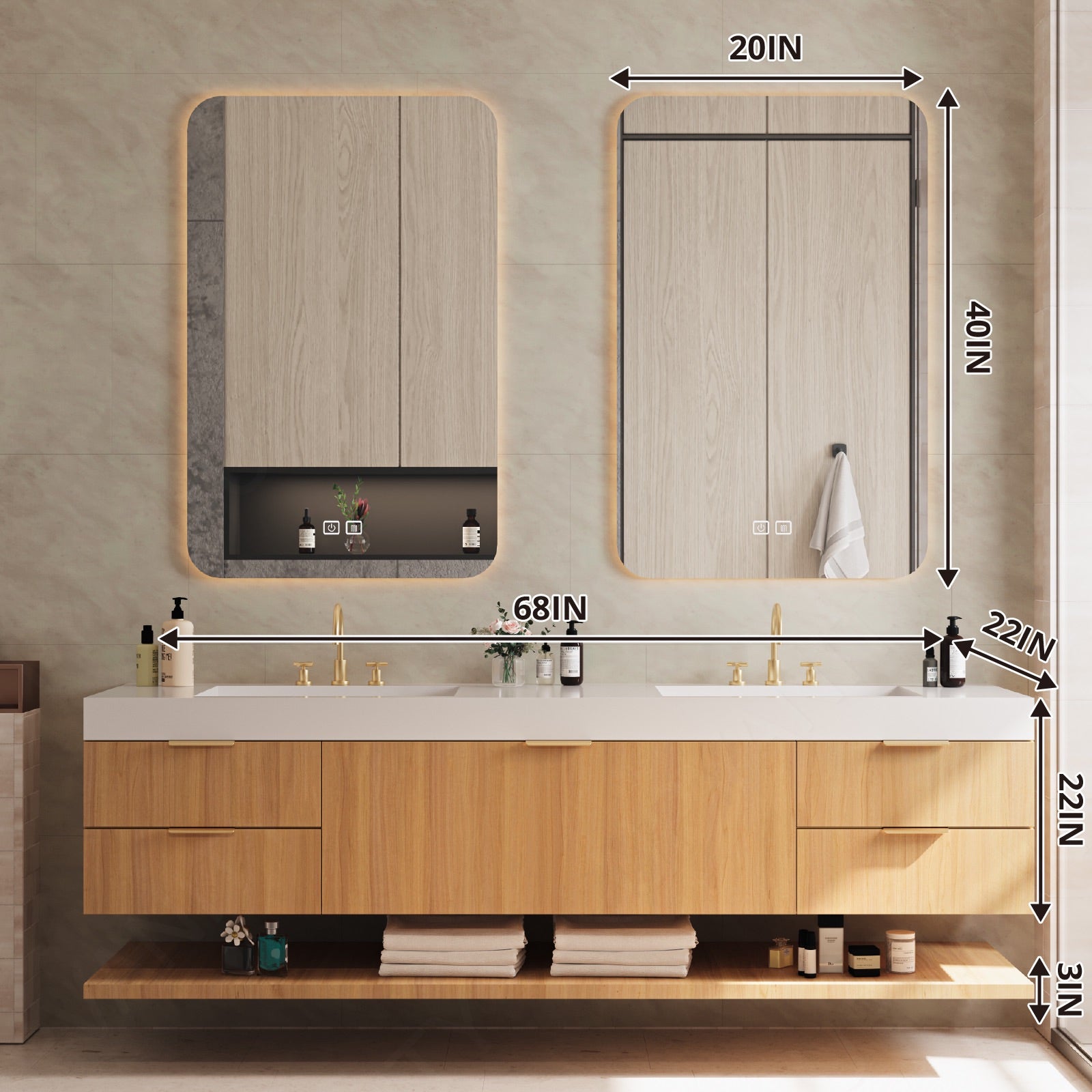 Elegant Bath Vanity Set, Natural, White Slate Top, 56"-78", Double, Floating, Spacious Storage, Dual Smart LED Mirror