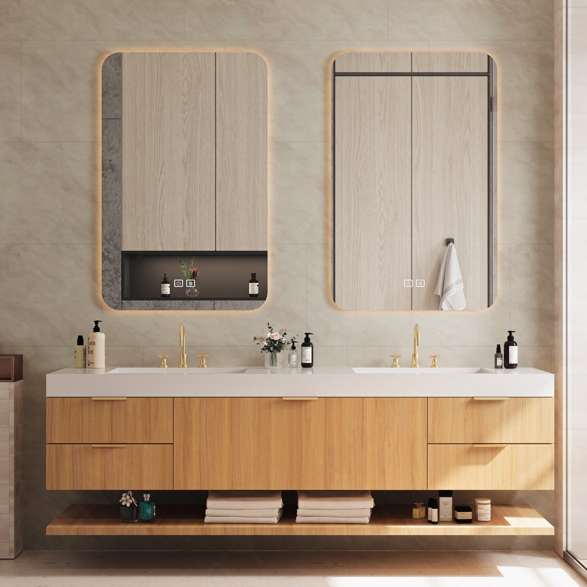 Elegant Bath Vanity Set, Natural, White Slate Top, 56"-78", Double, Floating, Spacious Storage, Dual Smart LED Mirror