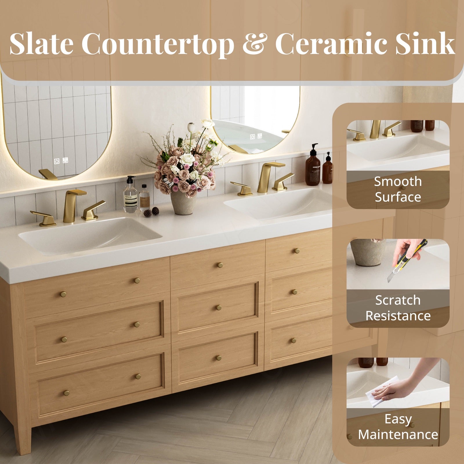 Elegant Bath Vanity Set, Natural, White Slate Top, 56"-78", Double, Freestanding, Classic Panel, Oval Smart LED Mirror, Smart LED Mirror