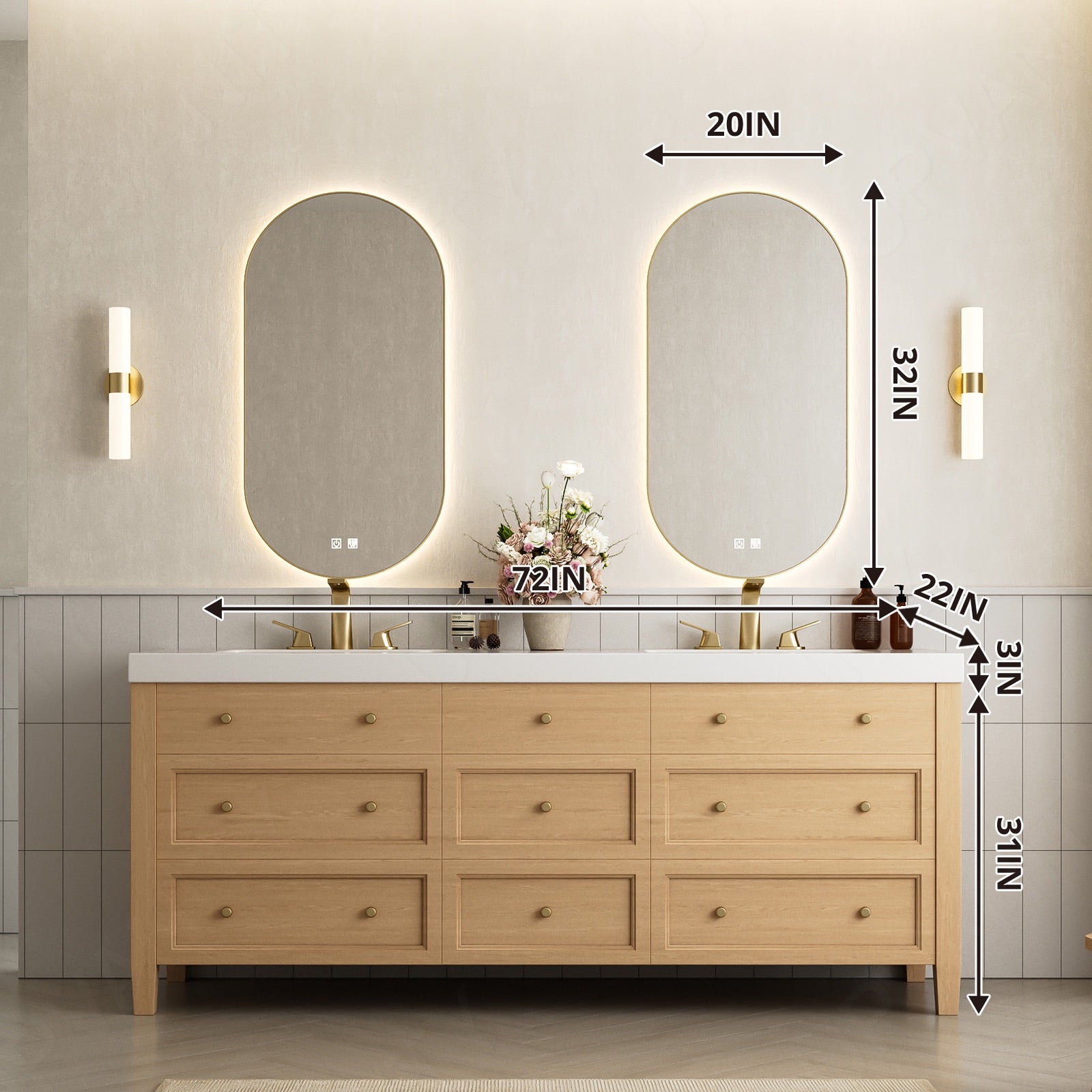 Elegant Bath Vanity Set, Natural, White Slate Top, 56"-78", Double, Freestanding, Classic Panel, Oval Smart LED Mirror, Smart LED Mirror