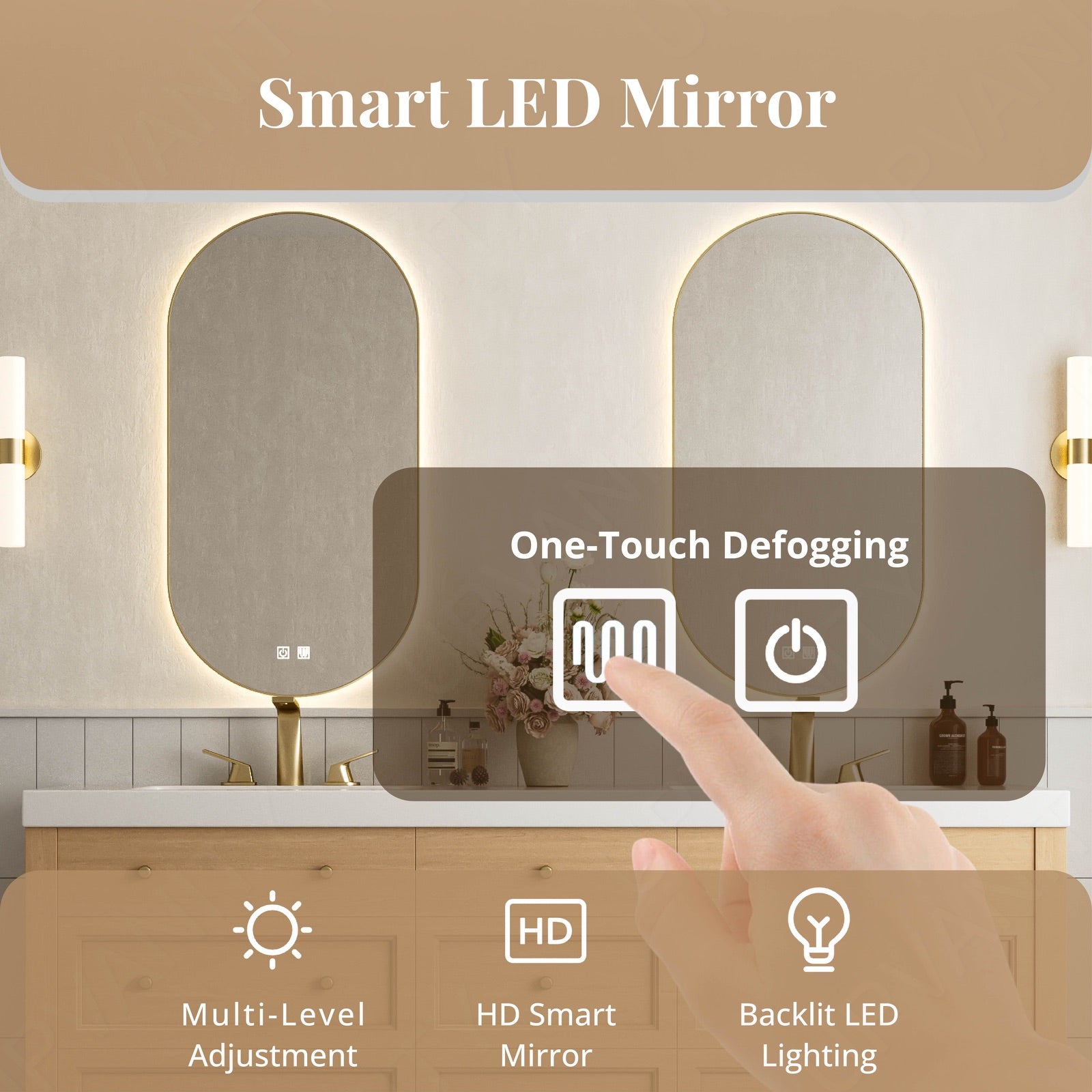 Elegant Bath Vanity Set, Natural, White Slate Top, 56"-78", Double, Freestanding, Classic Panel, Oval Smart LED Mirror, Smart LED Mirror
