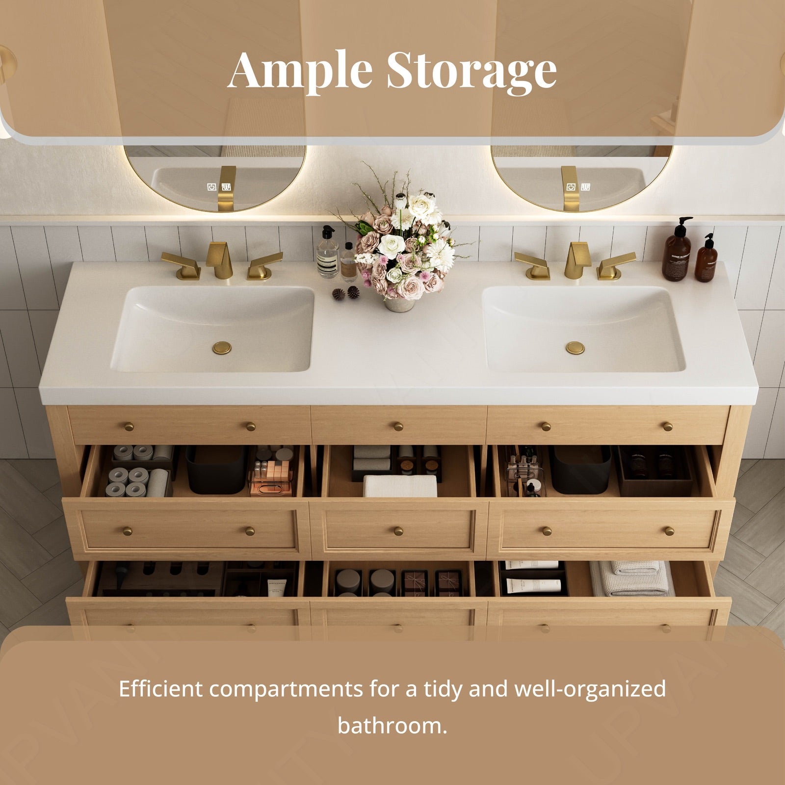 Elegant Bath Vanity Set, Natural, White Slate Top, 56"-78", Double, Freestanding, Classic Panel, Oval Smart LED Mirror, Smart LED Mirror