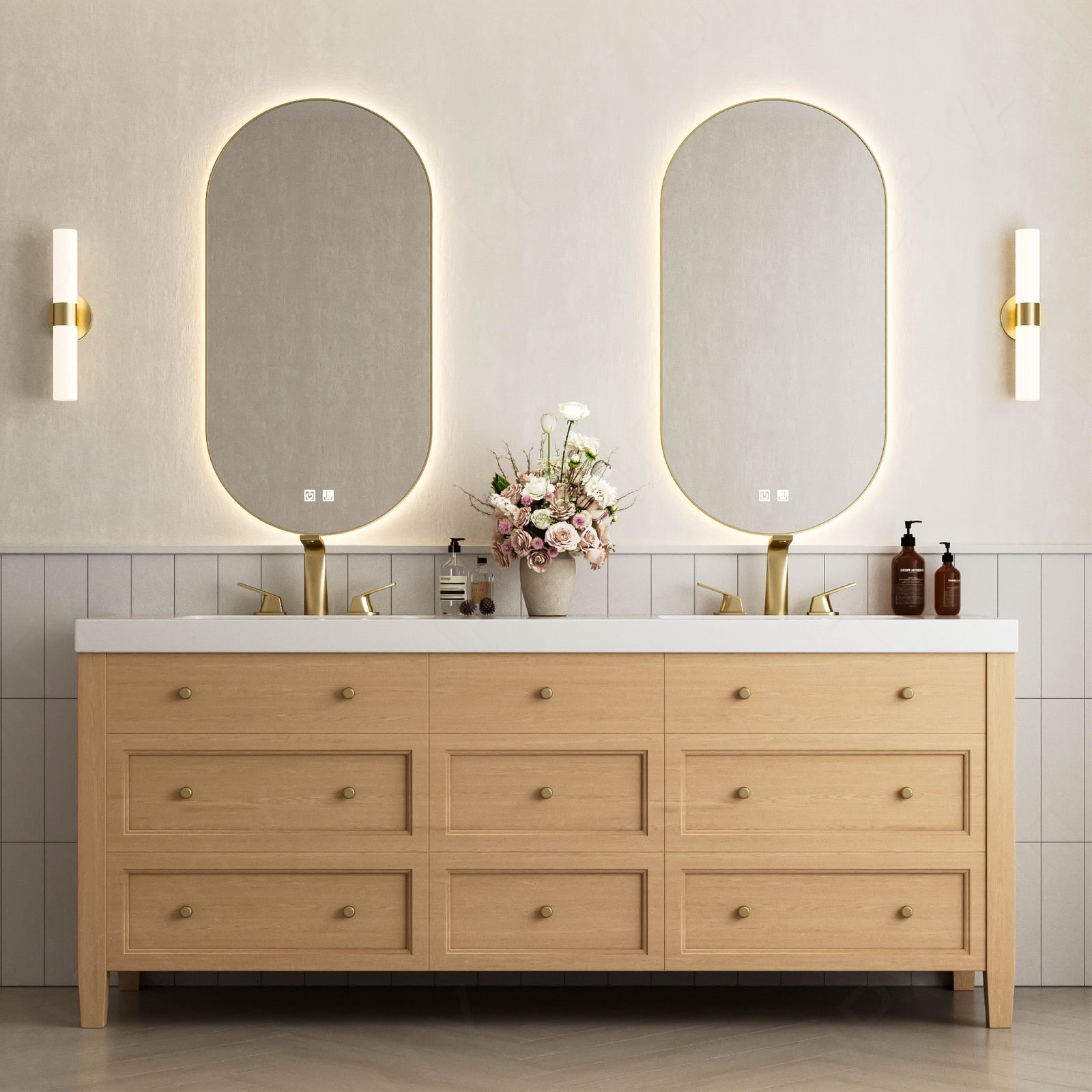 Elegant Bath Vanity Set, Natural, White Slate Top, 56"-78", Double, Freestanding, Classic Panel, Oval Smart LED Mirror, Smart LED Mirror