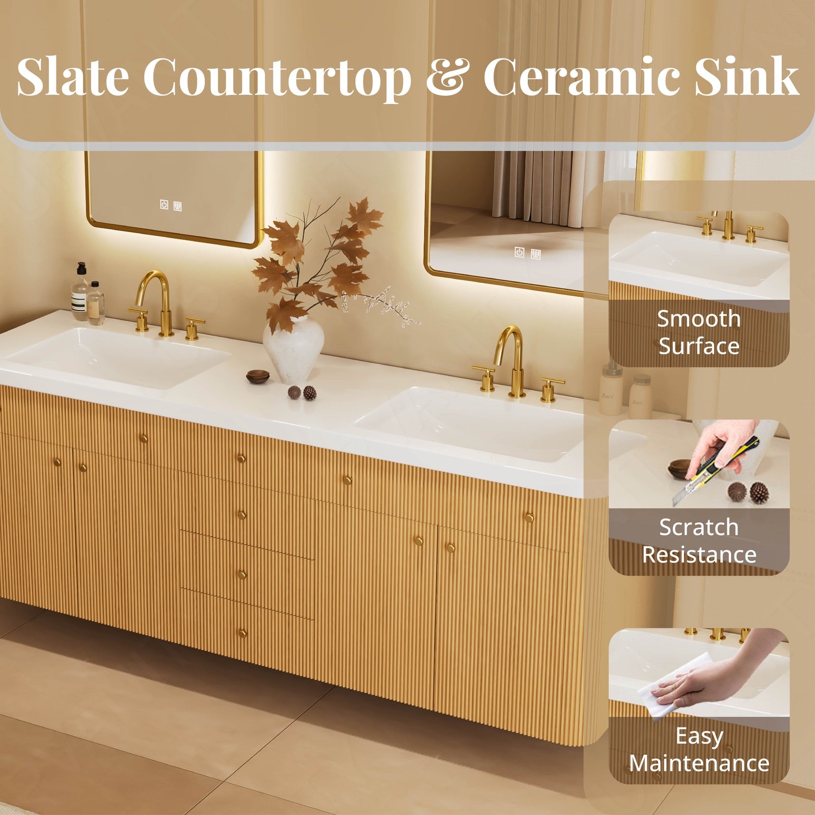 Elegant Bath Vanity Set, Natural, White Slate Top, 72"-104", Double, Floating, Fluted Panel, Dual Smart LED Mirror, Rounded Edge