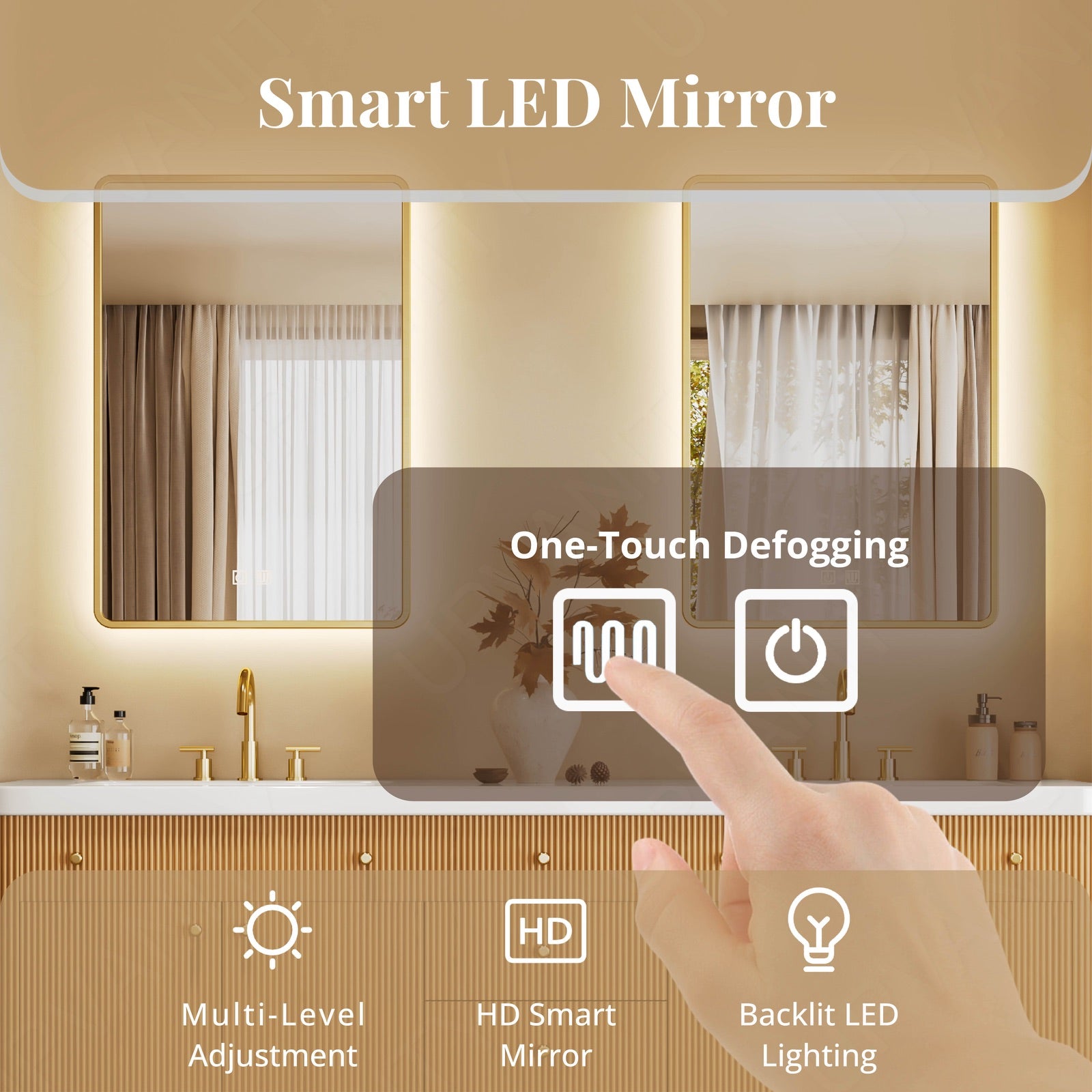 Elegant Bath Vanity Set, Natural, White Slate Top, 72"-104", Double, Floating, Fluted Panel, Dual Smart LED Mirror, Rounded Edge