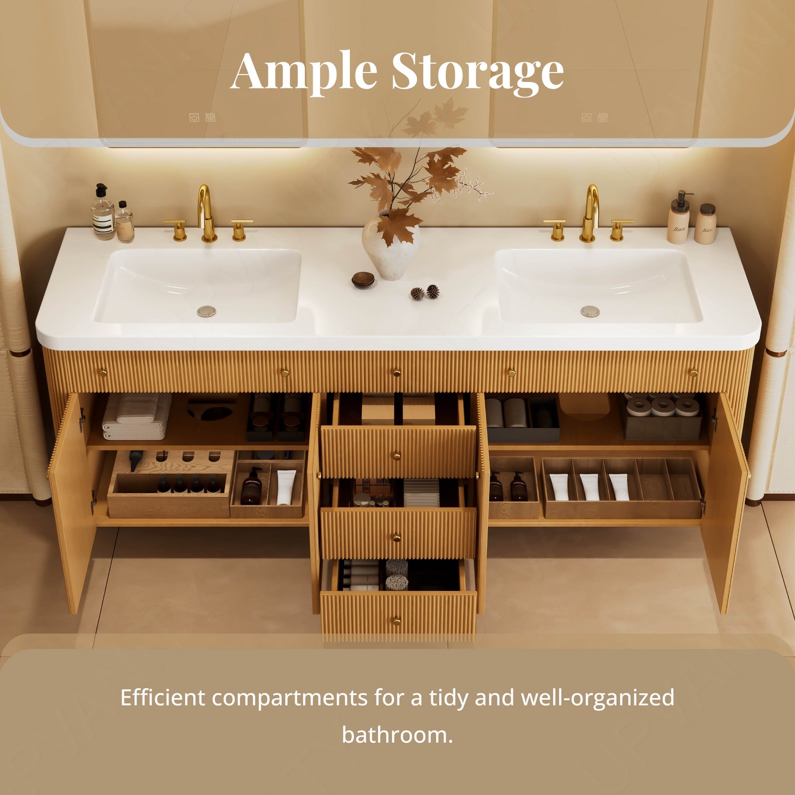 Elegant Bath Vanity Set, Natural, White Slate Top, 72"-104", Double, Floating, Fluted Panel, Dual Smart LED Mirror, Rounded Edge