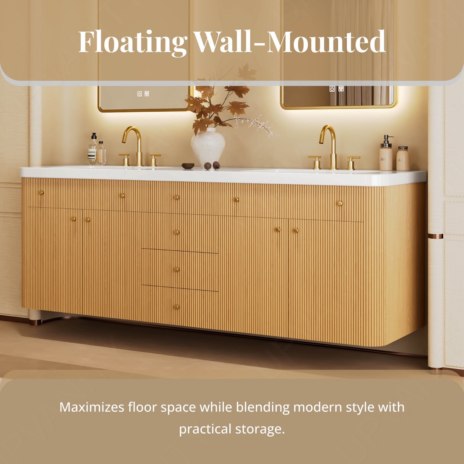 Elegant Bath Vanity Set, Natural, White Slate Top, 72"-104", Double, Floating, Fluted Panel, Dual Smart LED Mirror, Rounded Edge