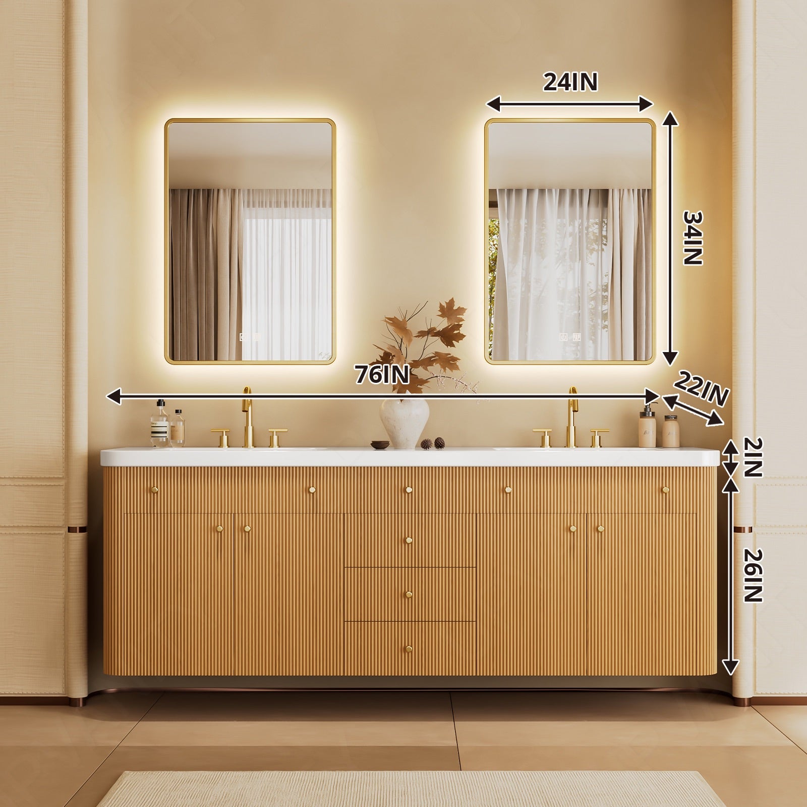 Elegant Bath Vanity Set, Natural, White Slate Top, 72"-104", Double, Floating, Fluted Panel, Dual Smart LED Mirror, Rounded Edge