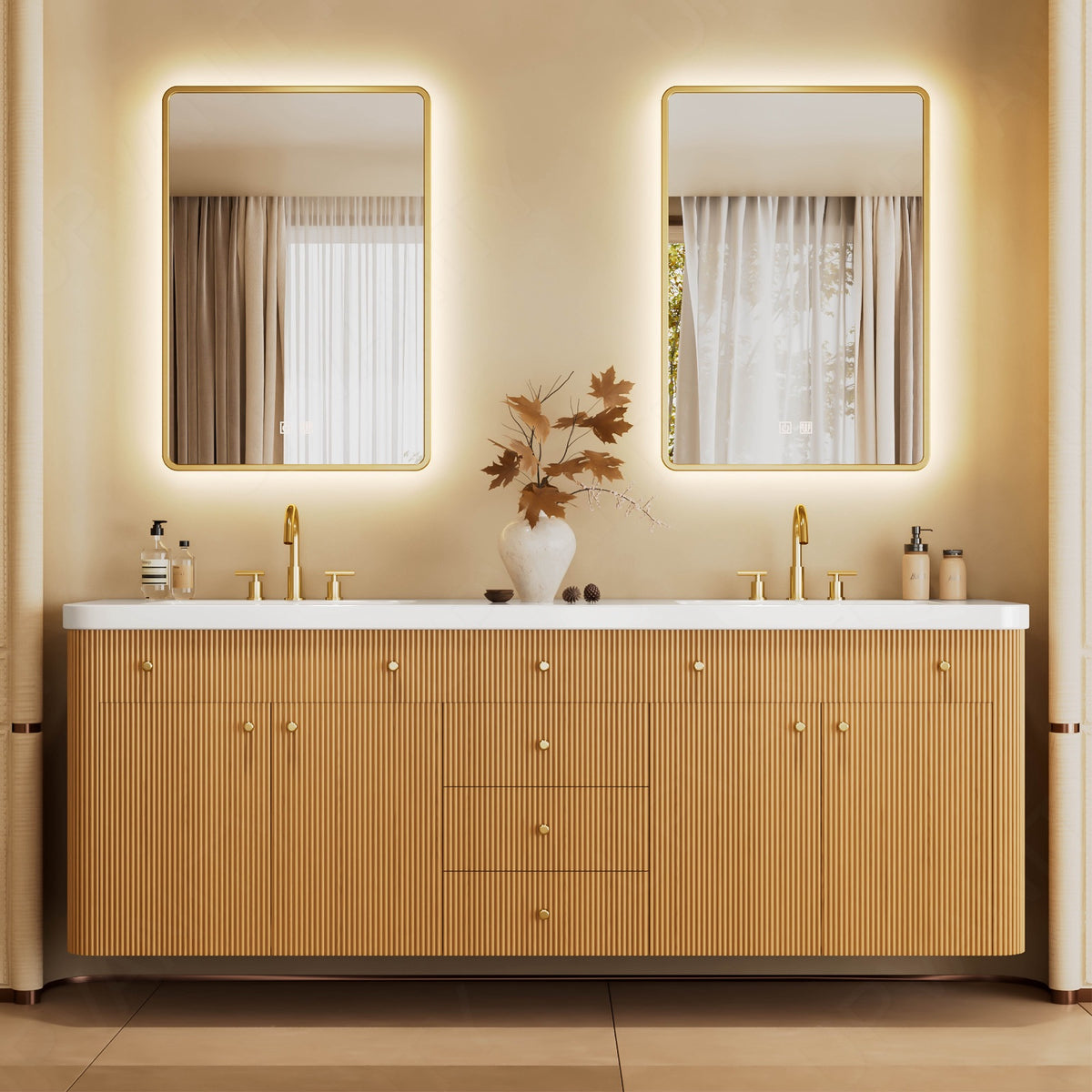 Elegant Bath Vanity Set, Natural, White Slate Top, 72"-104", Double, Floating, Fluted Panel, Dual Smart LED Mirror, Rounded Edge