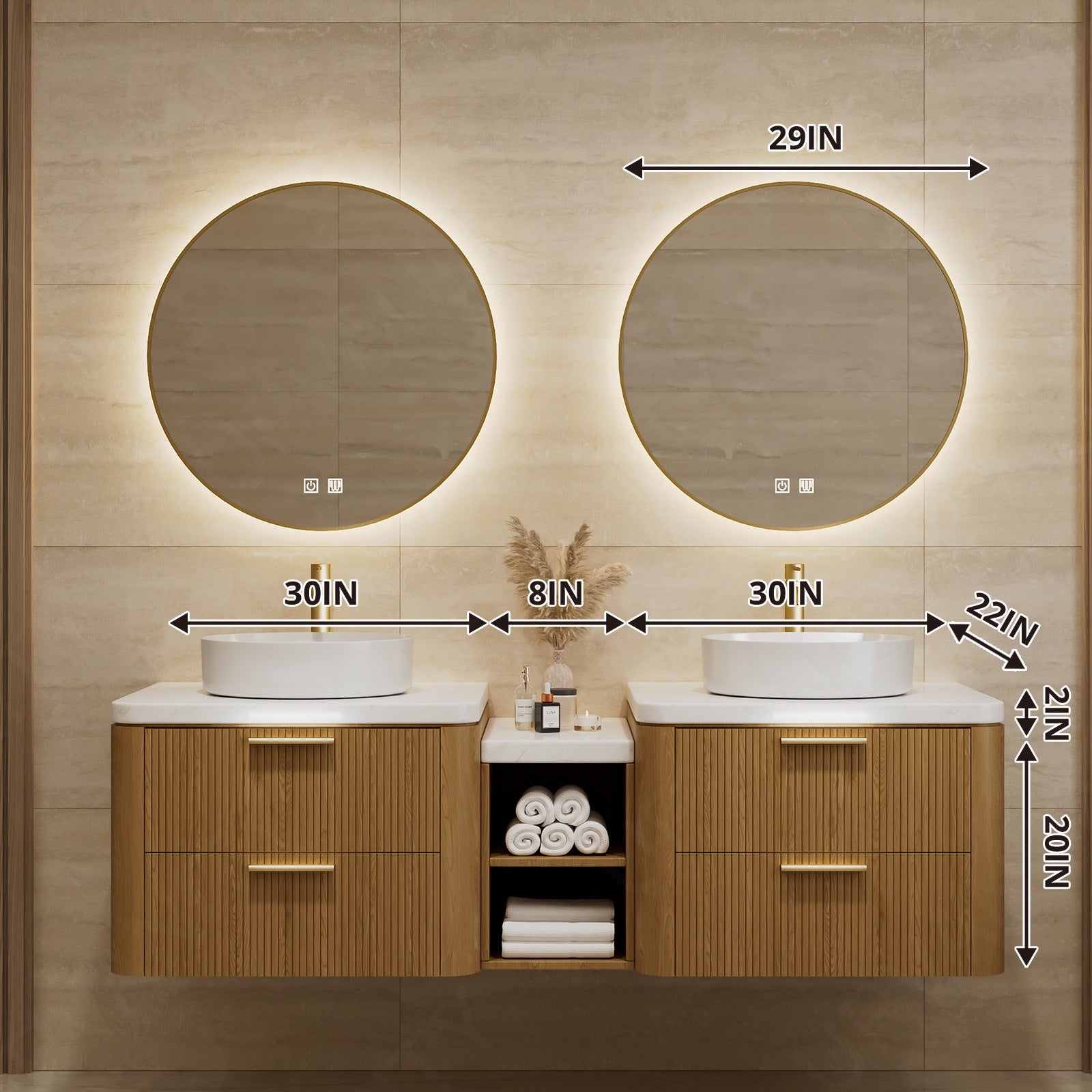 Elegant Bath Vanity Set, Natural, White Slate Top, Fluted Panel, 64"-78", Double Vessel Sink, Floating, Open Storage, Dual Smart LED Mirror