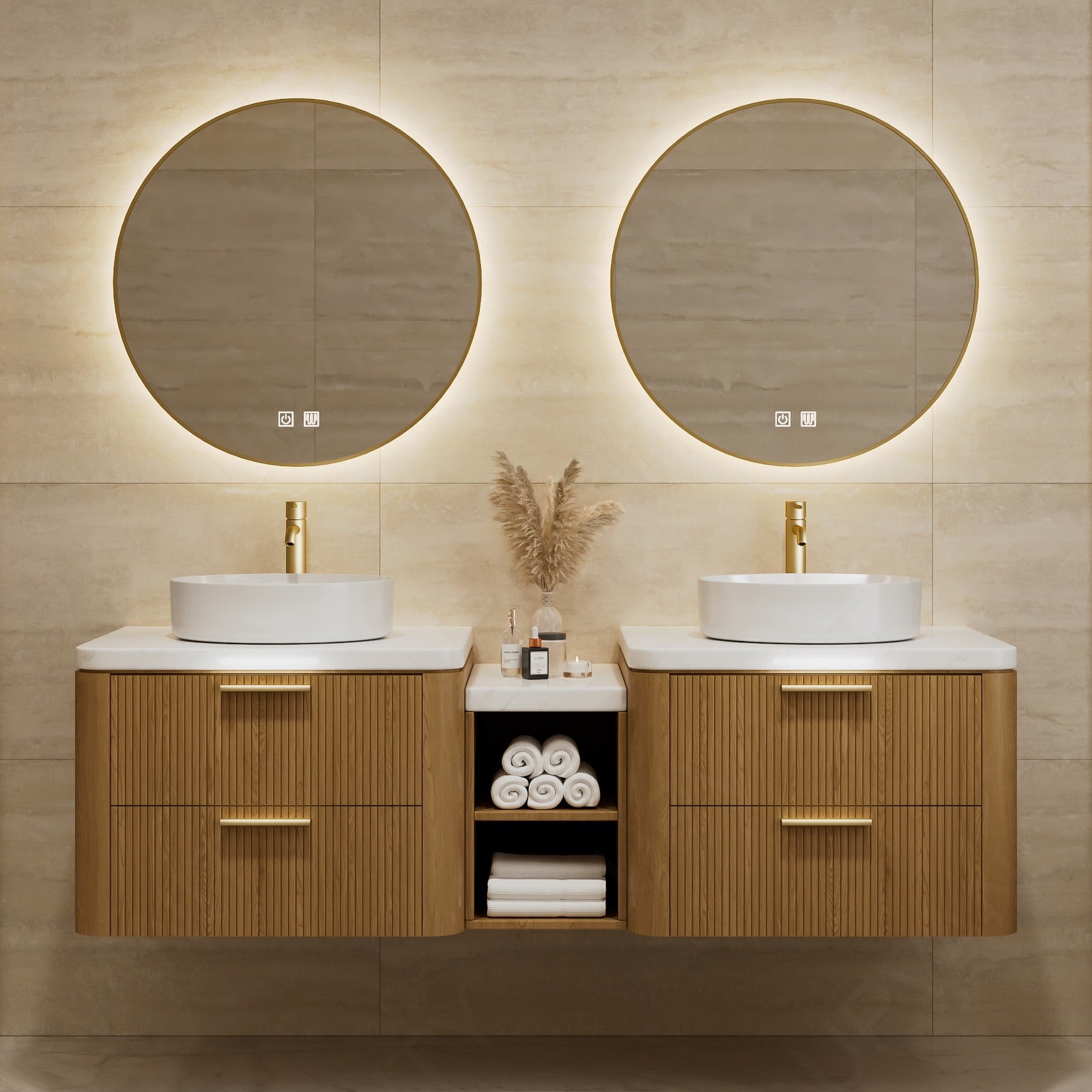 Elegant Bath Vanity Set, Natural, White Slate Top, Fluted Panel, 64"-78", Double Vessel Sink, Floating, Open Storage, Dual Smart LED Mirror