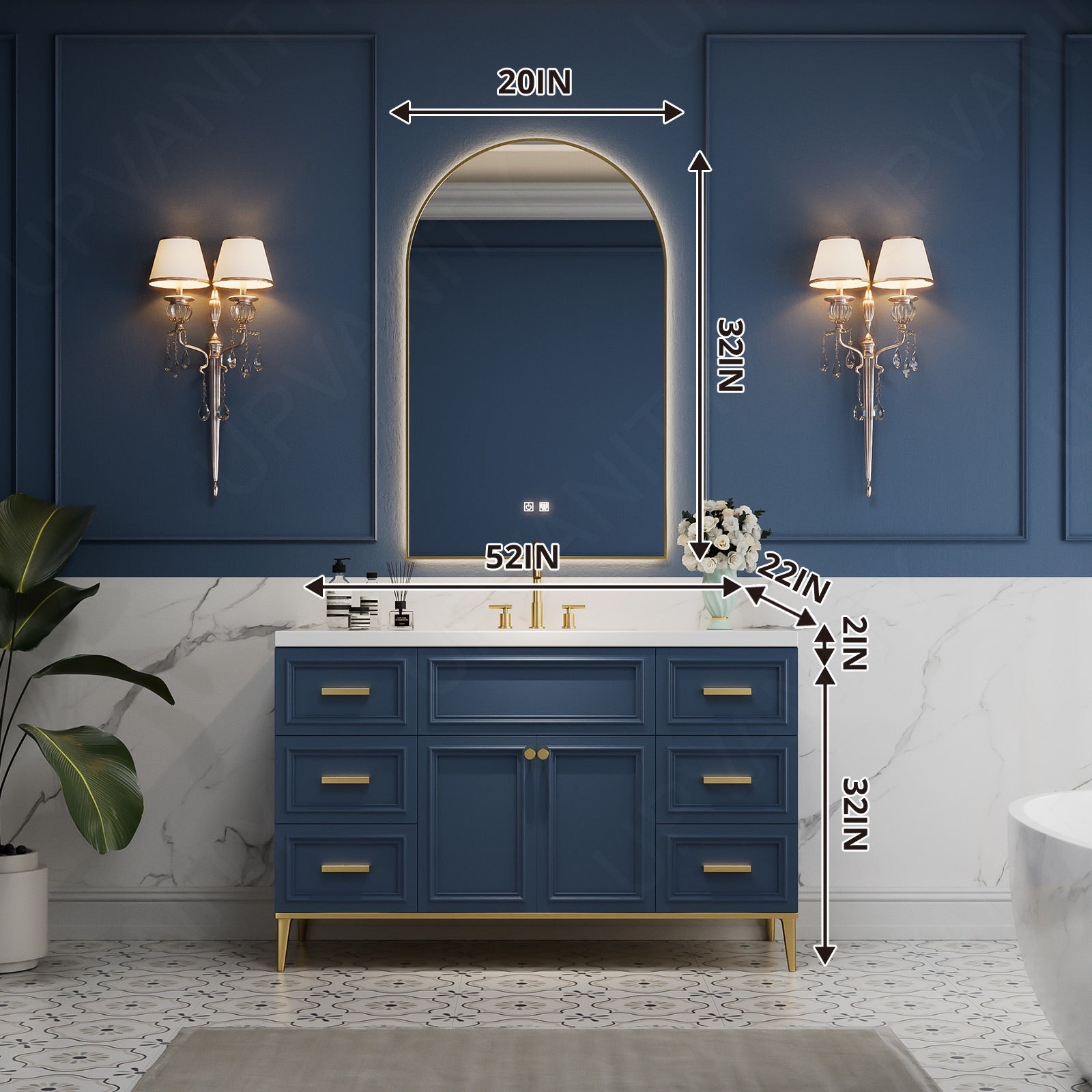 Elegant Bath Vanity Set, Navy, Gold Accents, 40"-64 ", Single, Freestanding, Sectional Storage, Smart LED Mirror