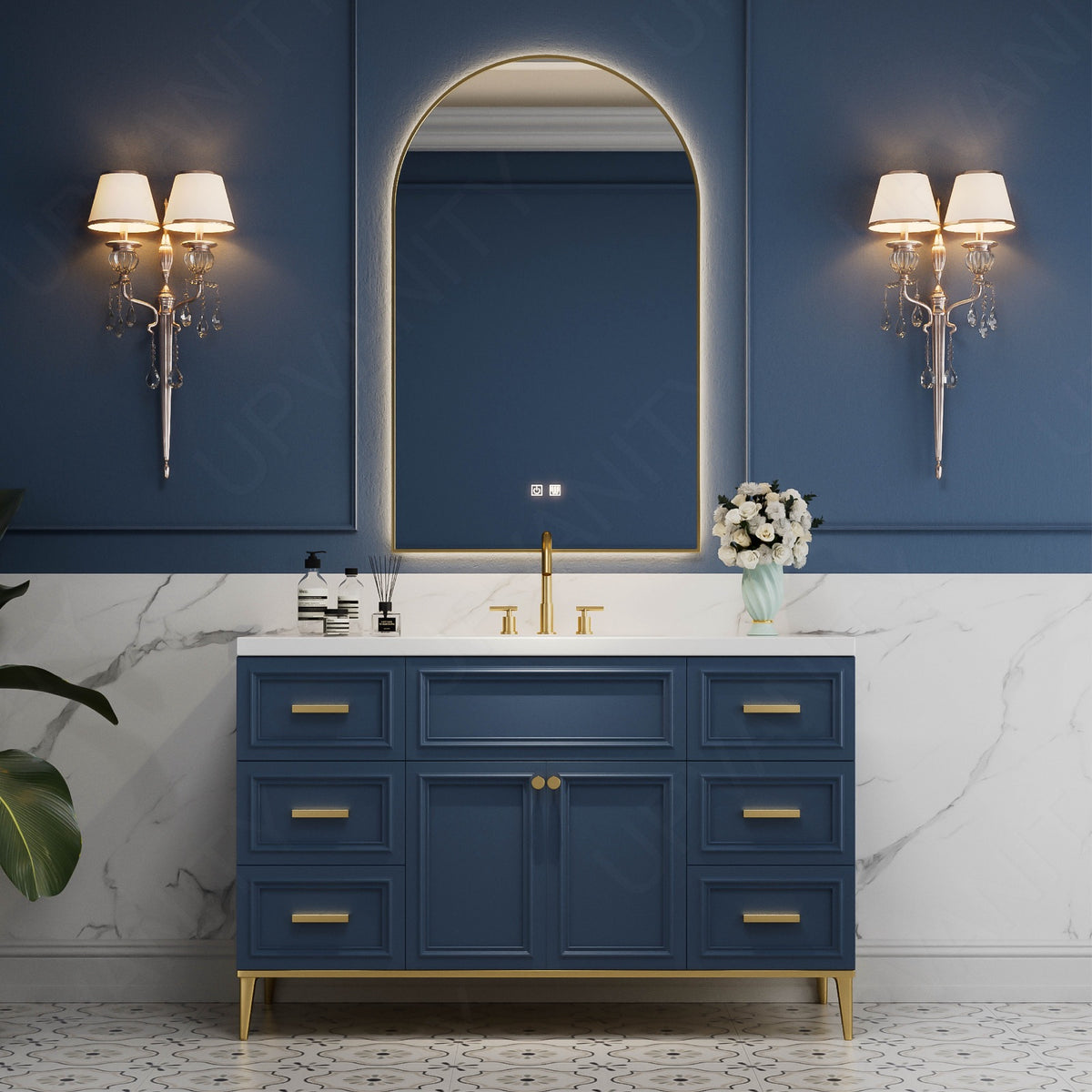 Elegant Bath Vanity Set, Navy, Gold Accents, 40"-64 ", Single, Freestanding, Sectional Storage, Smart LED Mirror