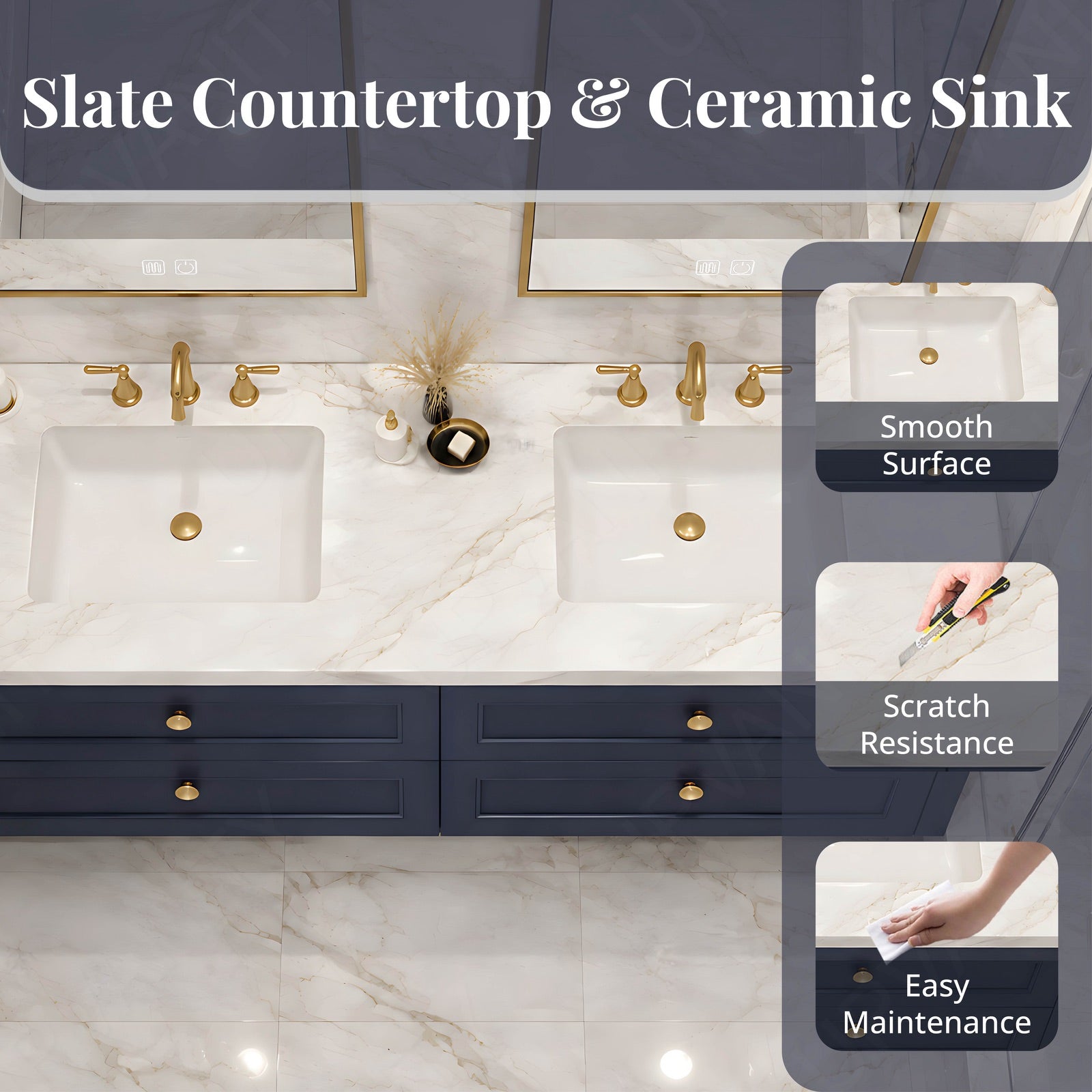Elegant Bath Vanity Set, Navy, Marble Textured Top, 56"-78", Double, Floating, Gold Accents, Dual Smart LED Mirror