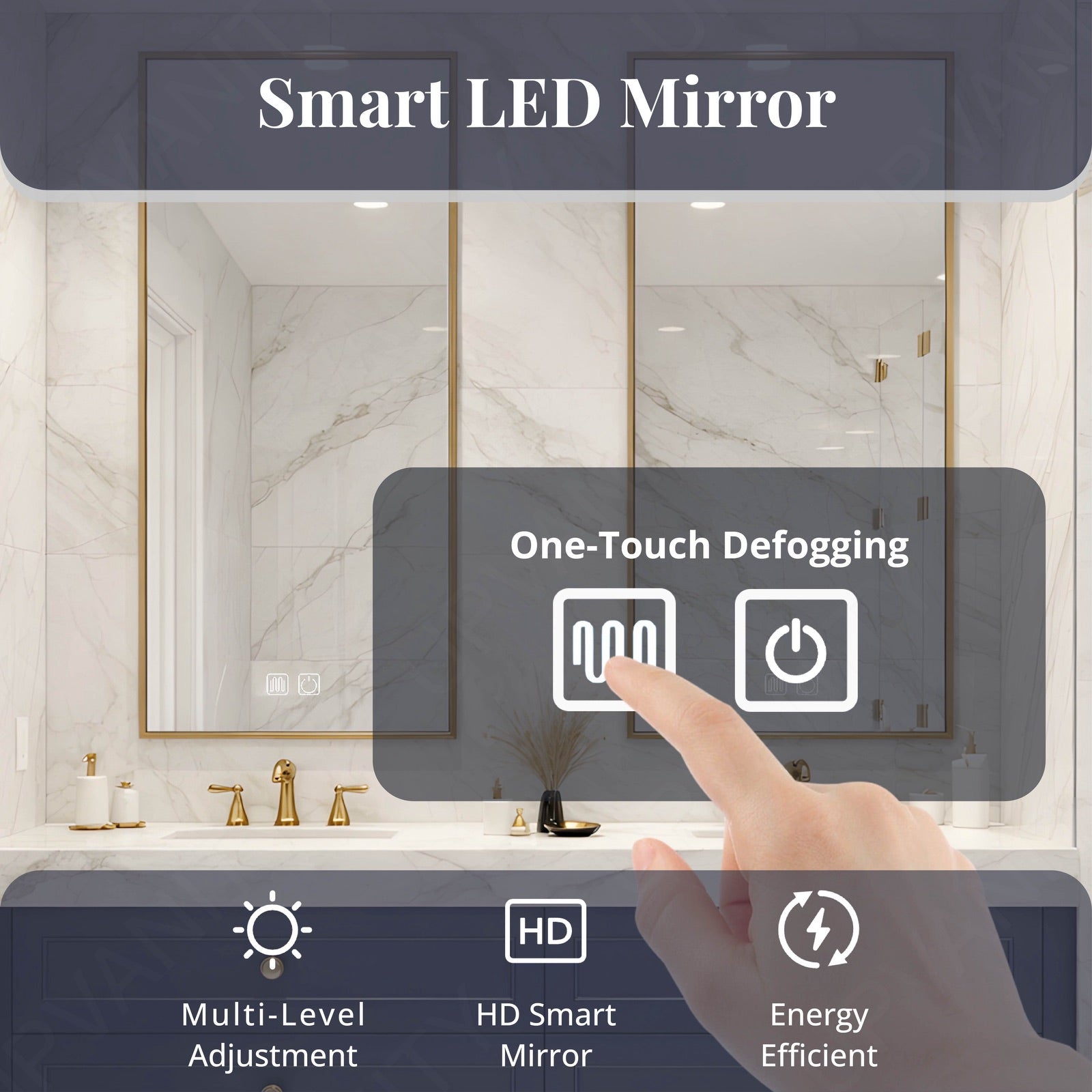 Elegant Bath Vanity Set, Navy, Marble Textured Top, 56"-78", Double, Floating, Gold Accents, Dual Smart LED Mirror