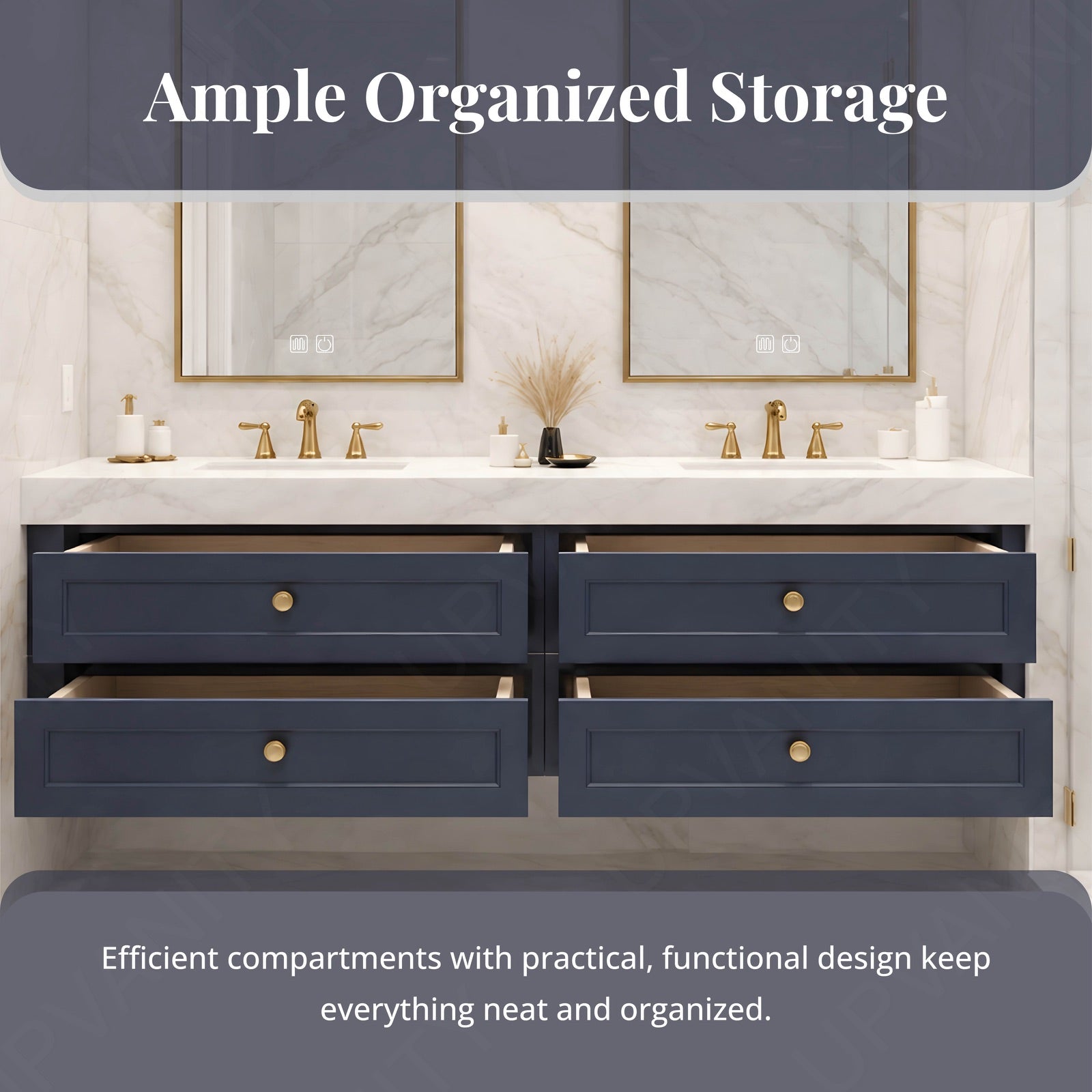 Elegant Bath Vanity Set, Navy, Marble Textured Top, 56"-78", Double, Floating, Gold Accents, Dual Smart LED Mirror