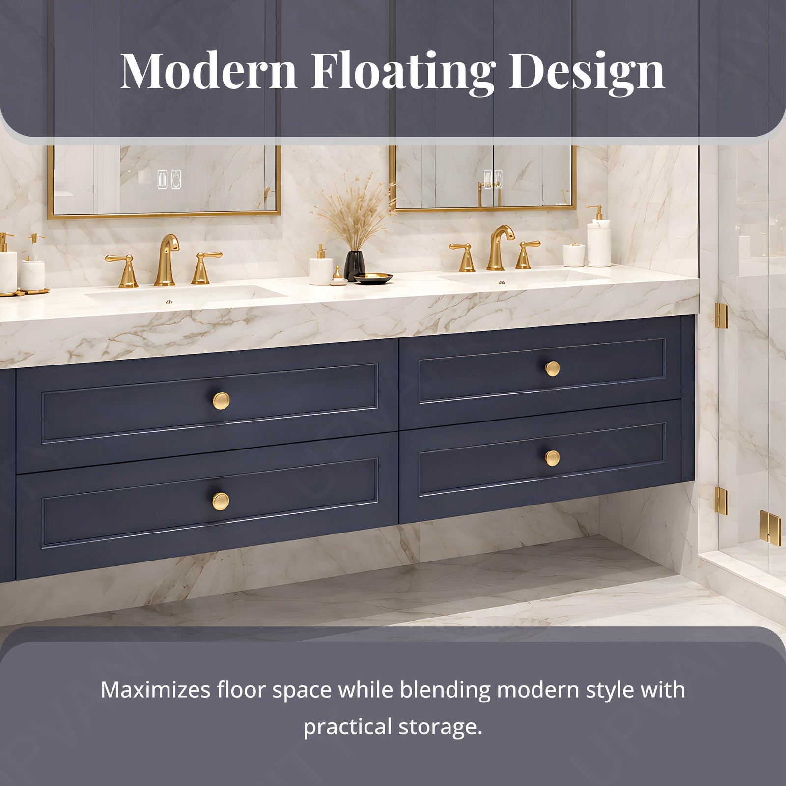 Elegant Bath Vanity Set, Navy, Marble Textured Top, 56"-78", Double, Floating, Gold Accents, Dual Smart LED Mirror